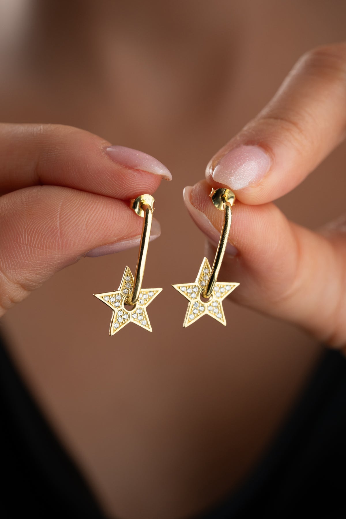 Pave Star Charm Hoop Earrings in Gold