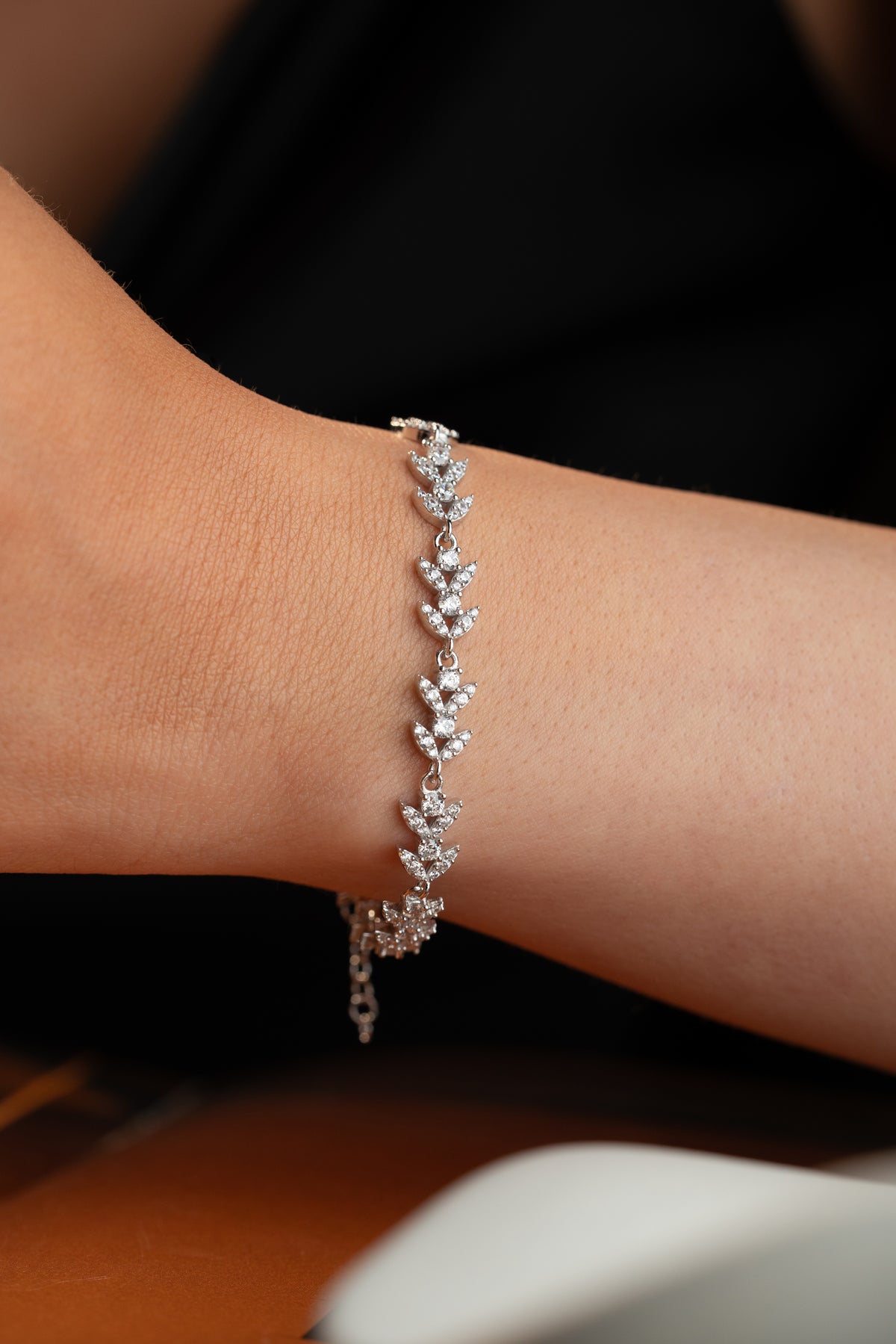 Crystal Vine Leaf Bracelet in Silver