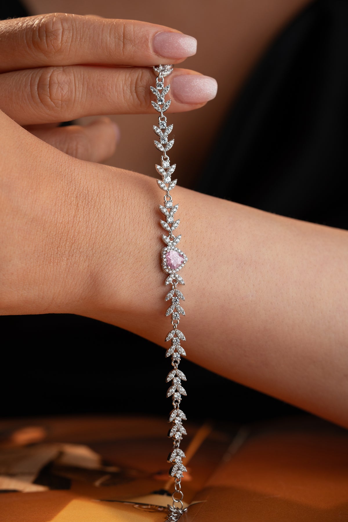 Pink Heart Vine Bracelet in Silver