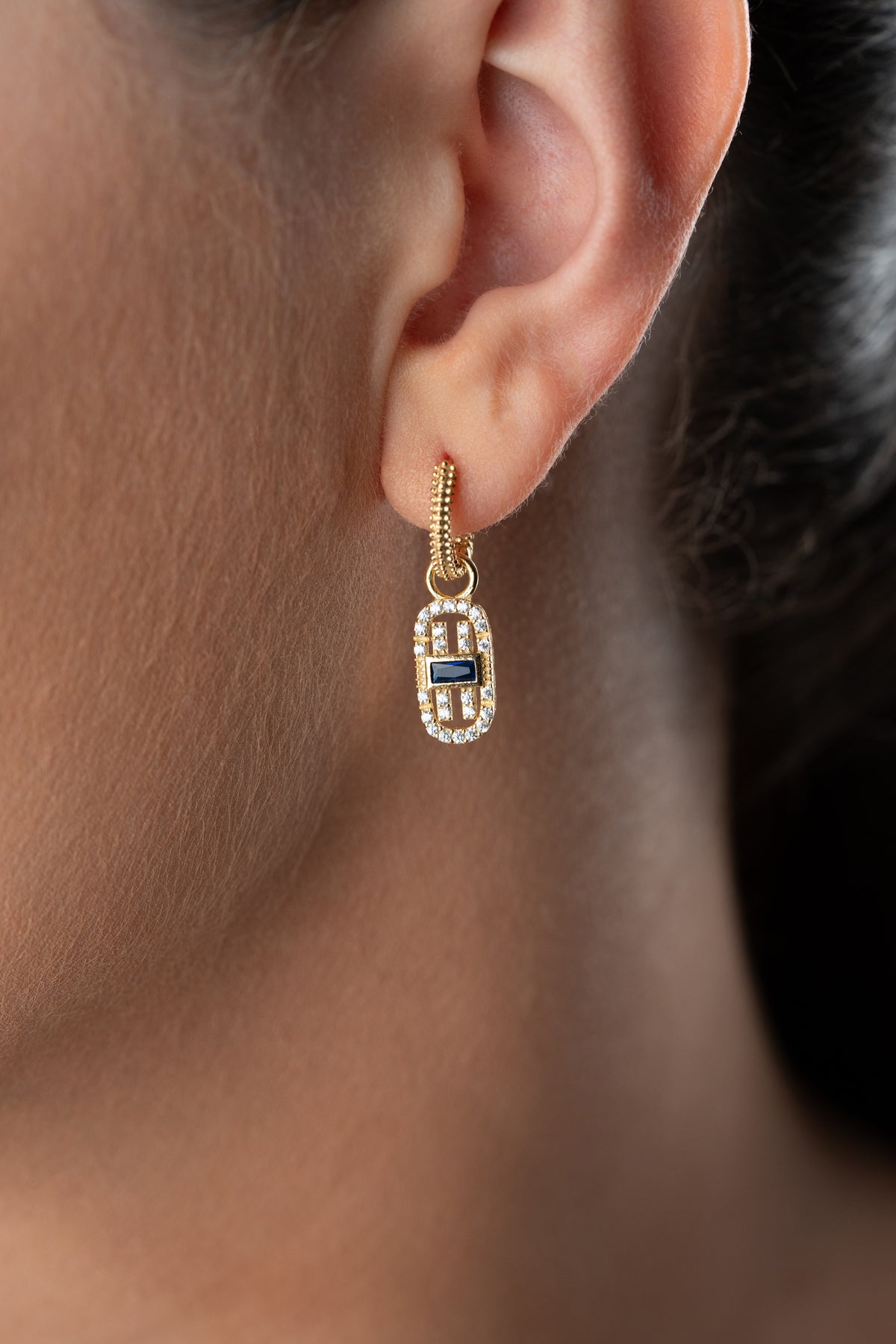 Navy Blue Stone Drop Huggie Earrings