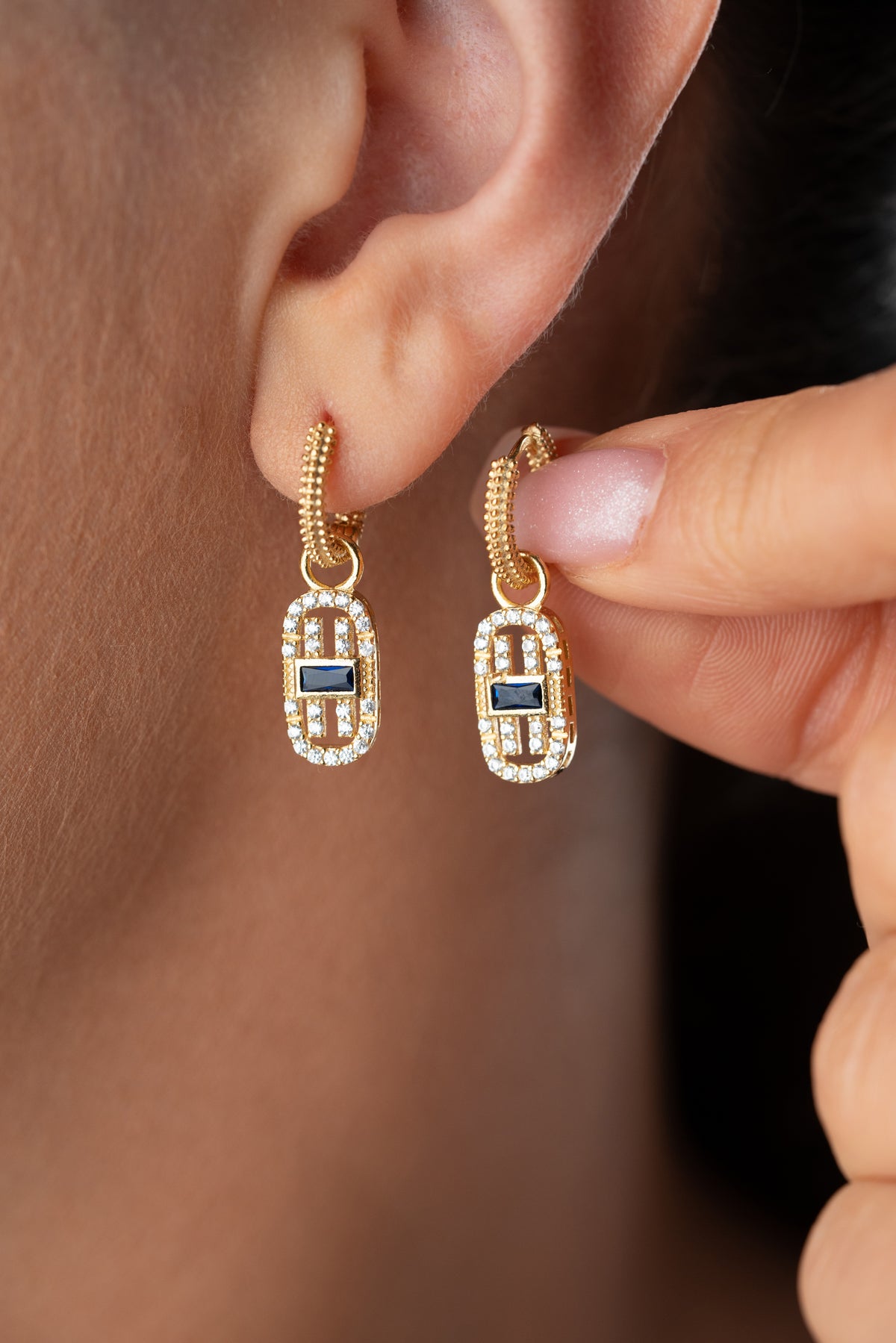 Navy Blue Stone Drop Huggie Earrings