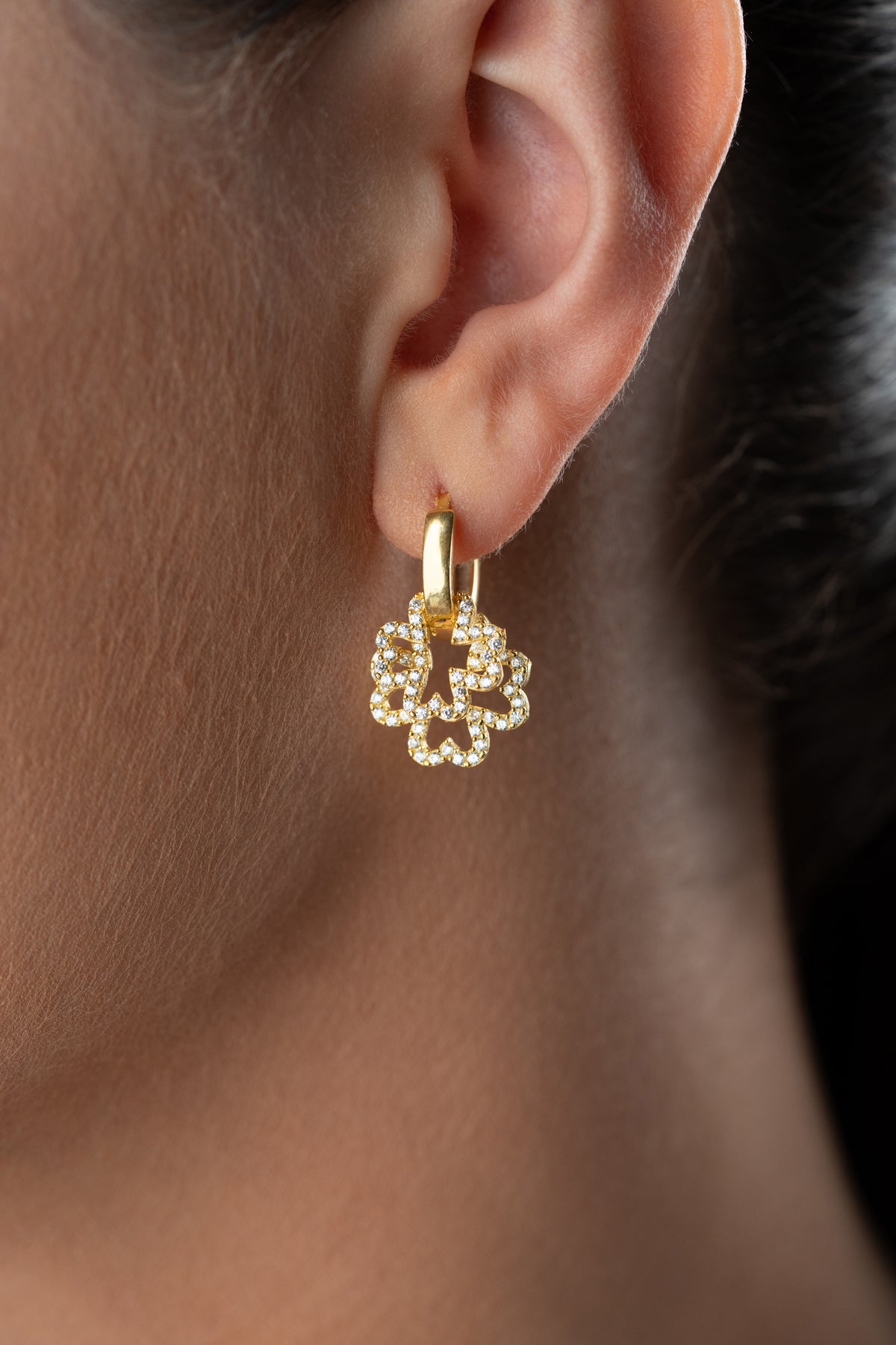 Pave Flower Charm Hoop Earrings