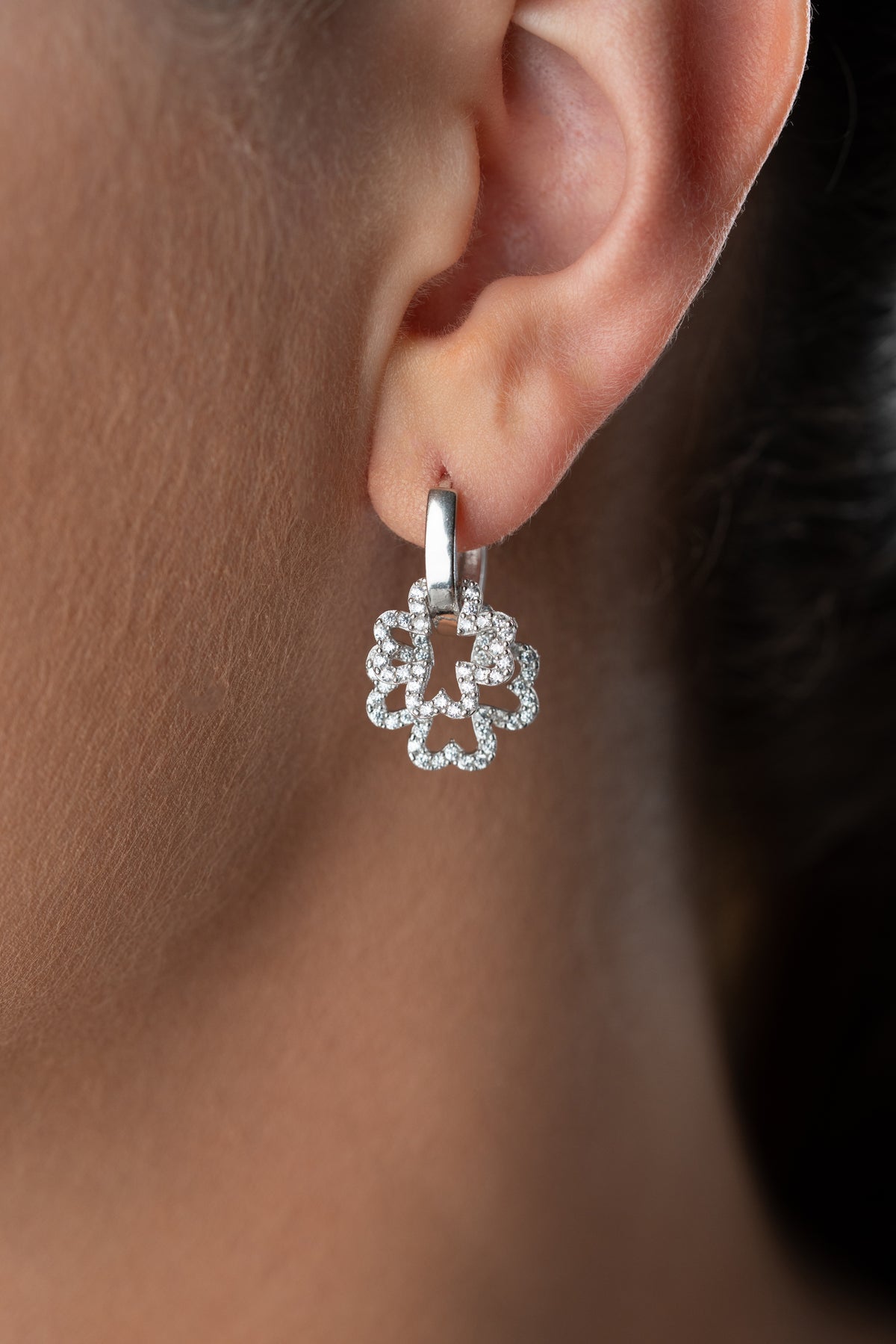 Pave Flower Charm Hoop Earrings