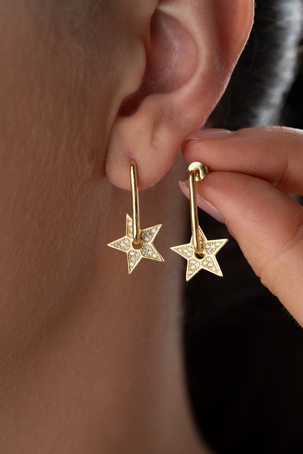 Pave Star Charm Hoop Earrings in Gold