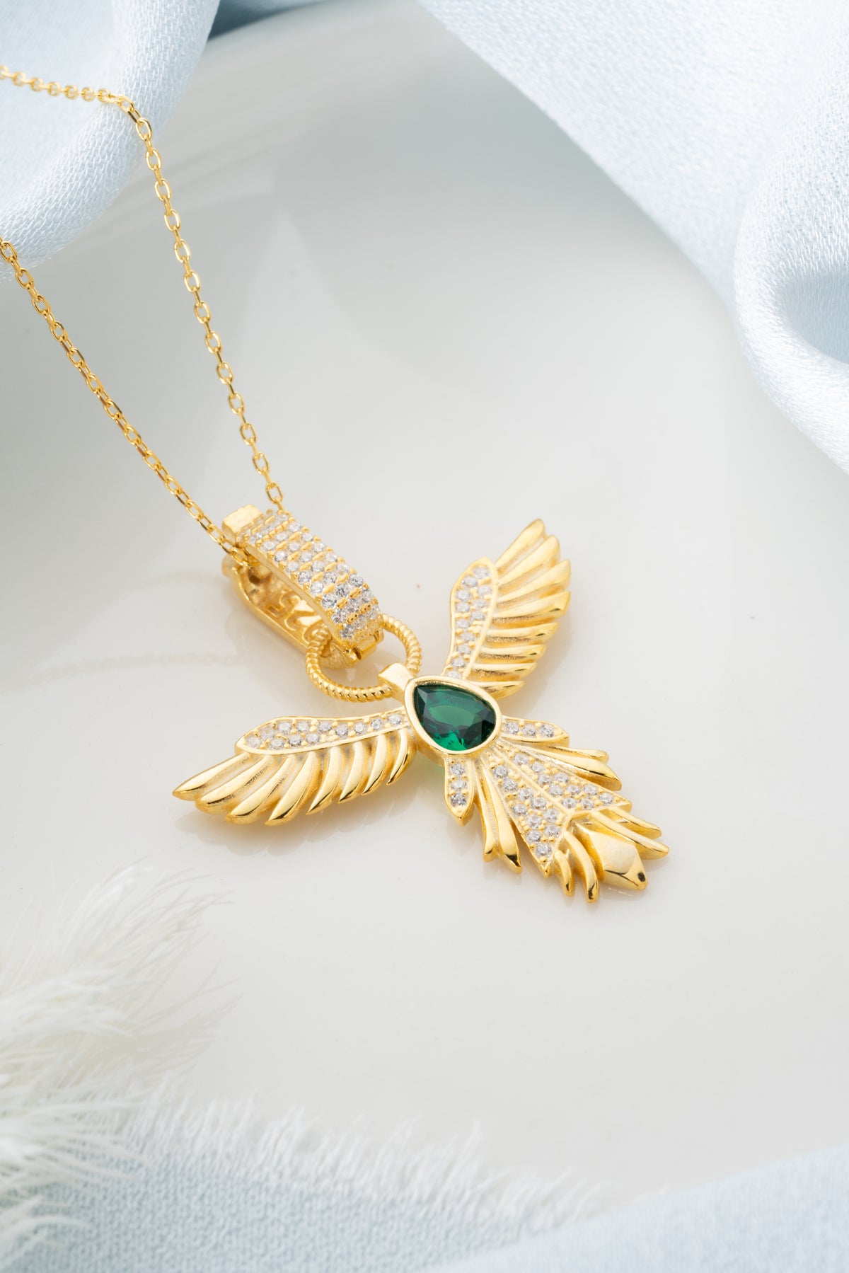 Phoenix Wings Emerald Pendant Necklace