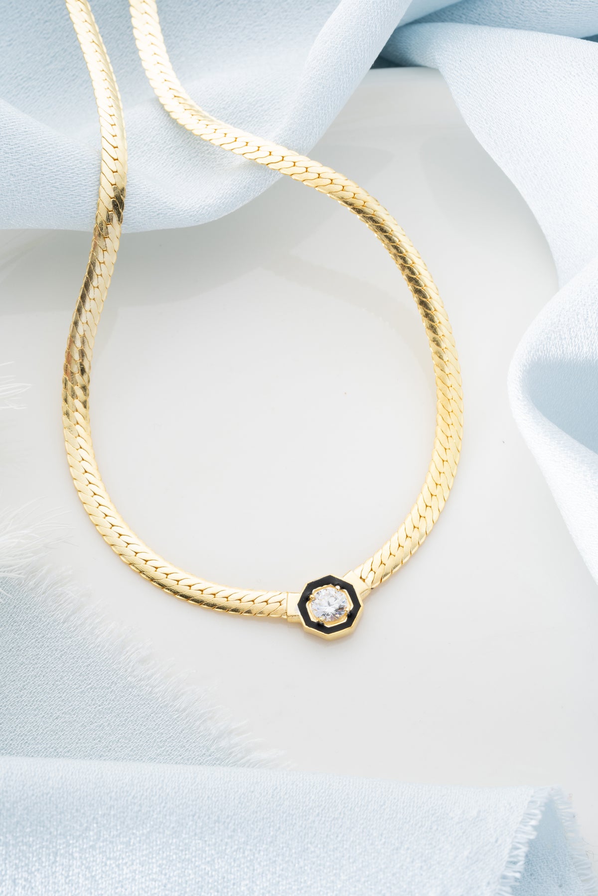 Black Enamel Stone Herringbone Necklace