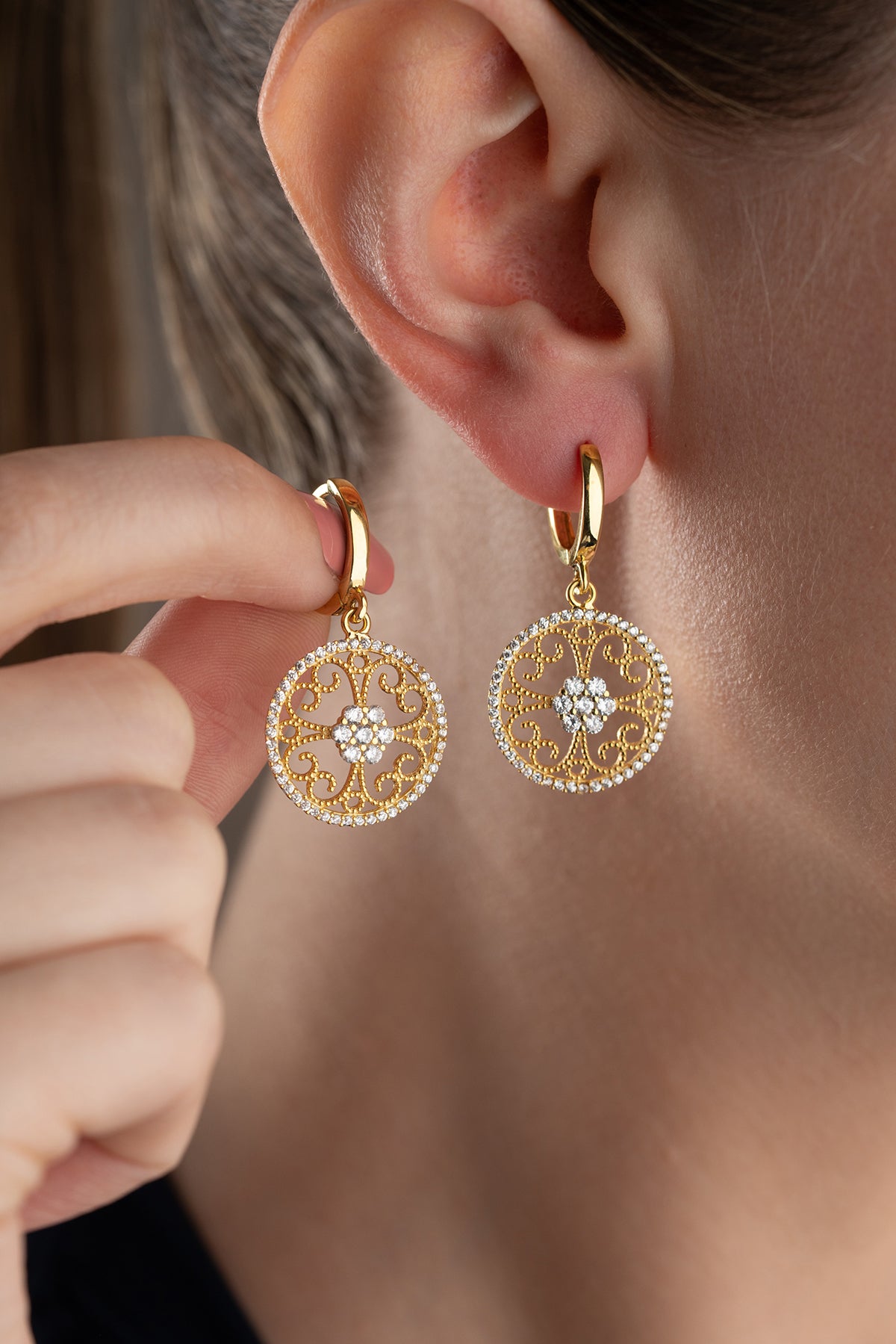 Gold Filigree Medallion Drop Earrings