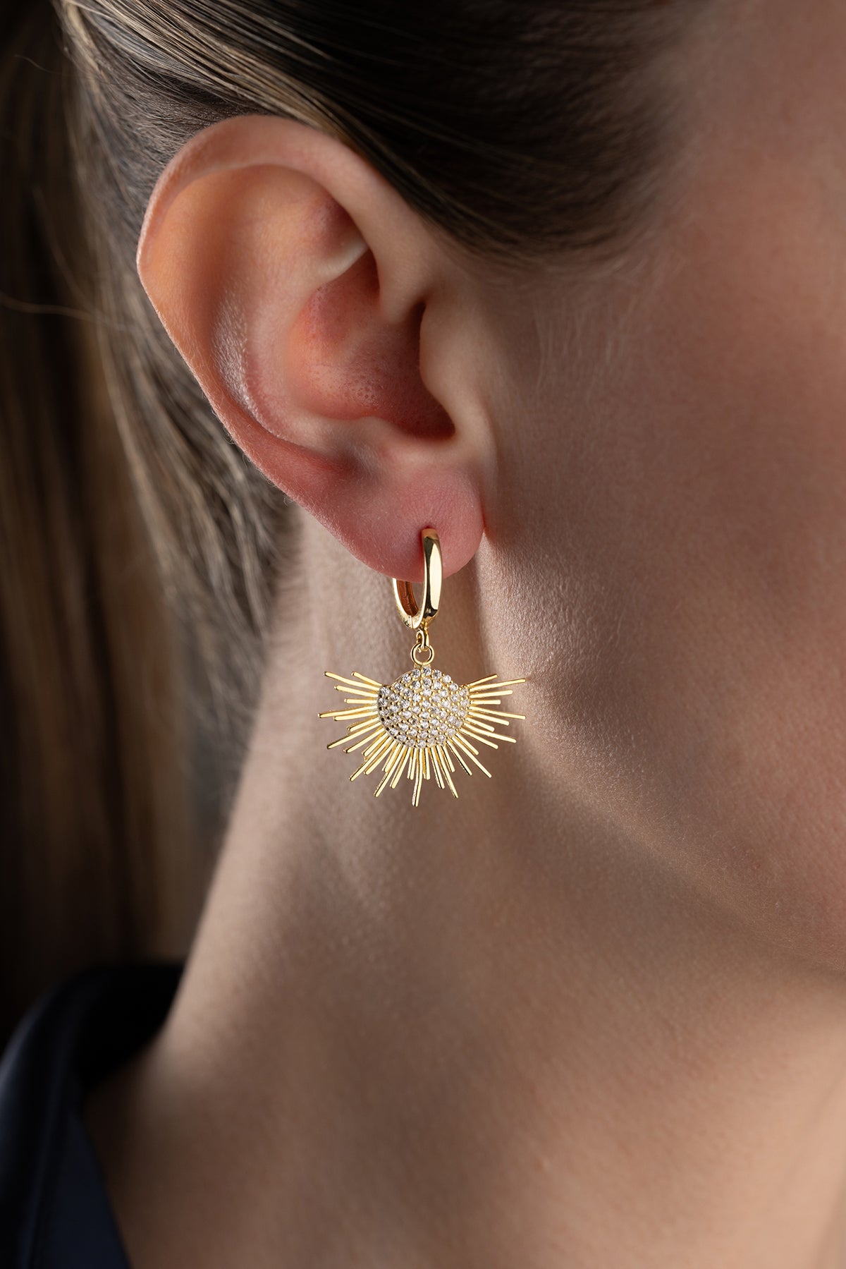 Sunburst Pave Drop Huggie Earrings