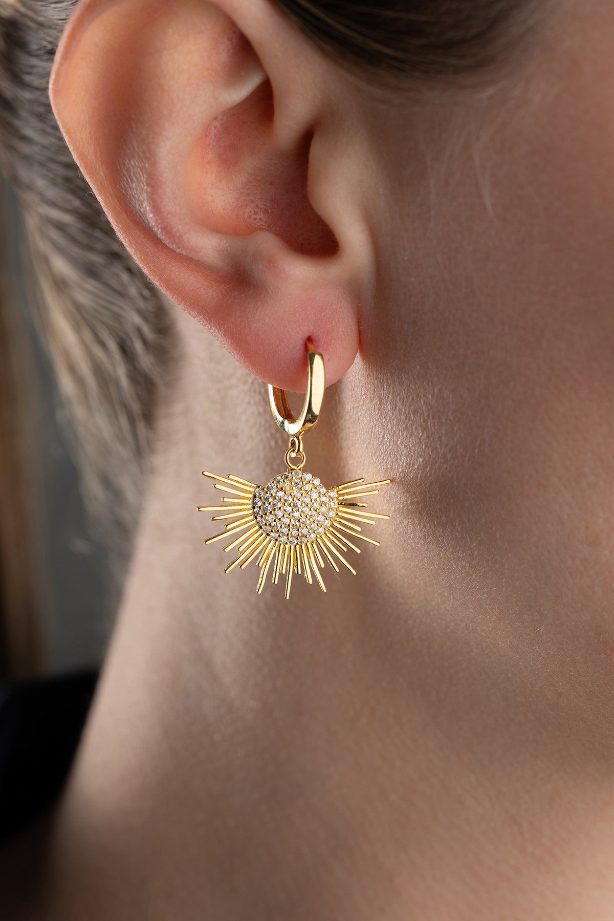 Sunburst Pave Drop Huggie Earrings