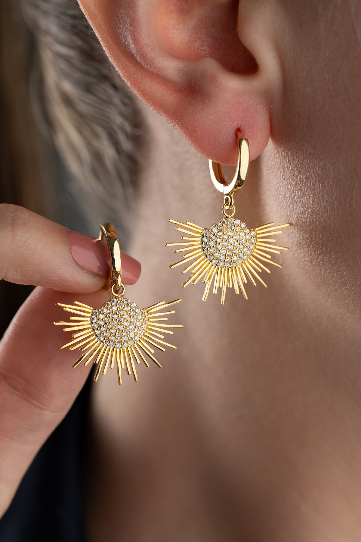 Sunburst Pave Drop Huggie Earrings