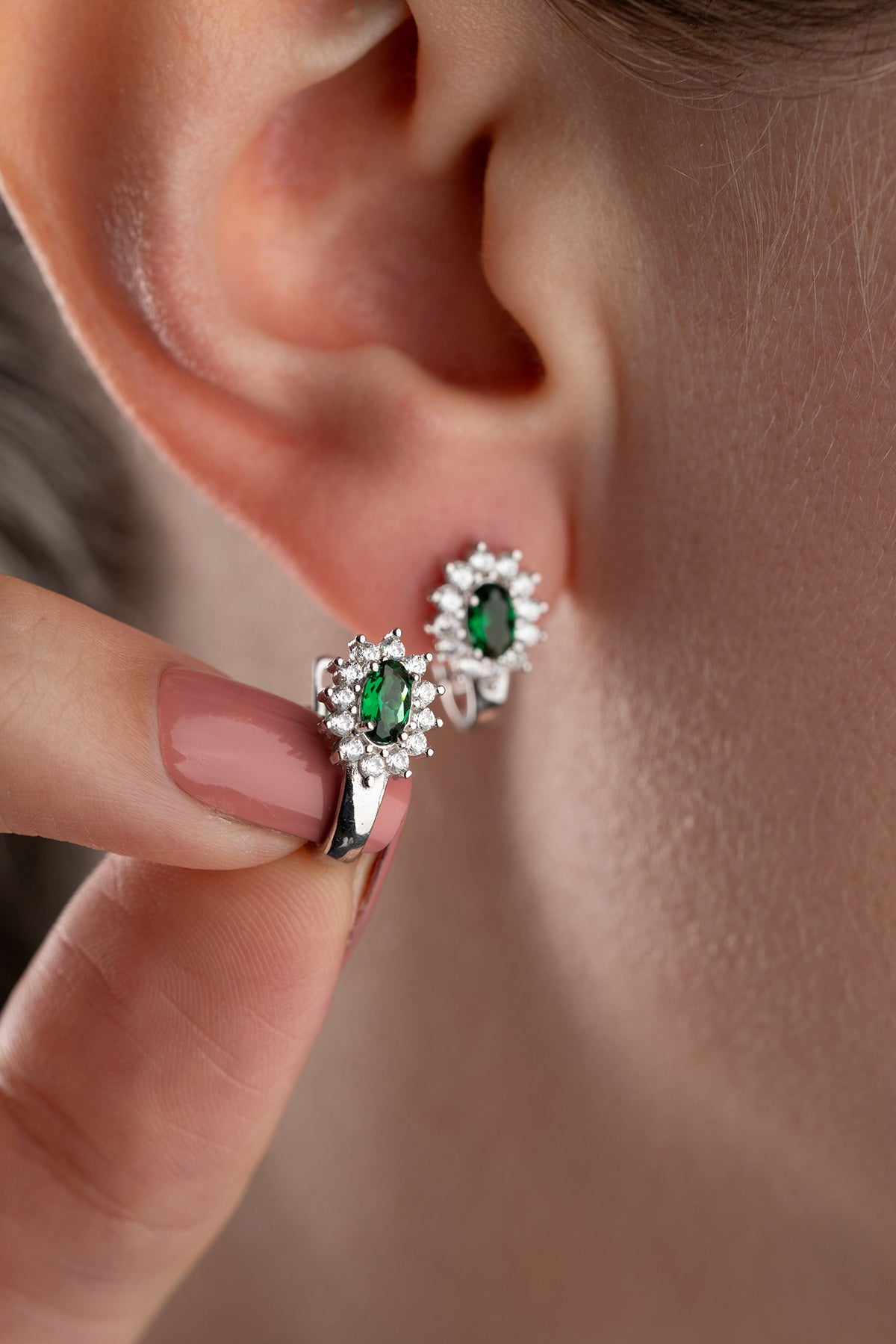 Emerald Oval Halo Huggie Earrings
