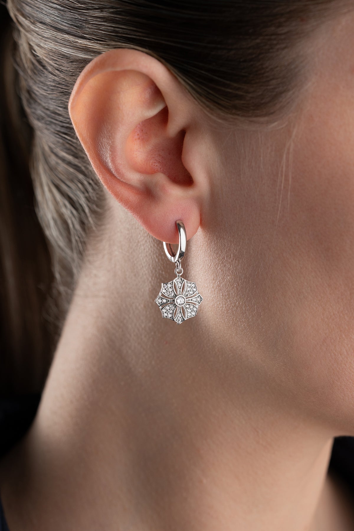 Pave Flower Medallion Drop Earrings