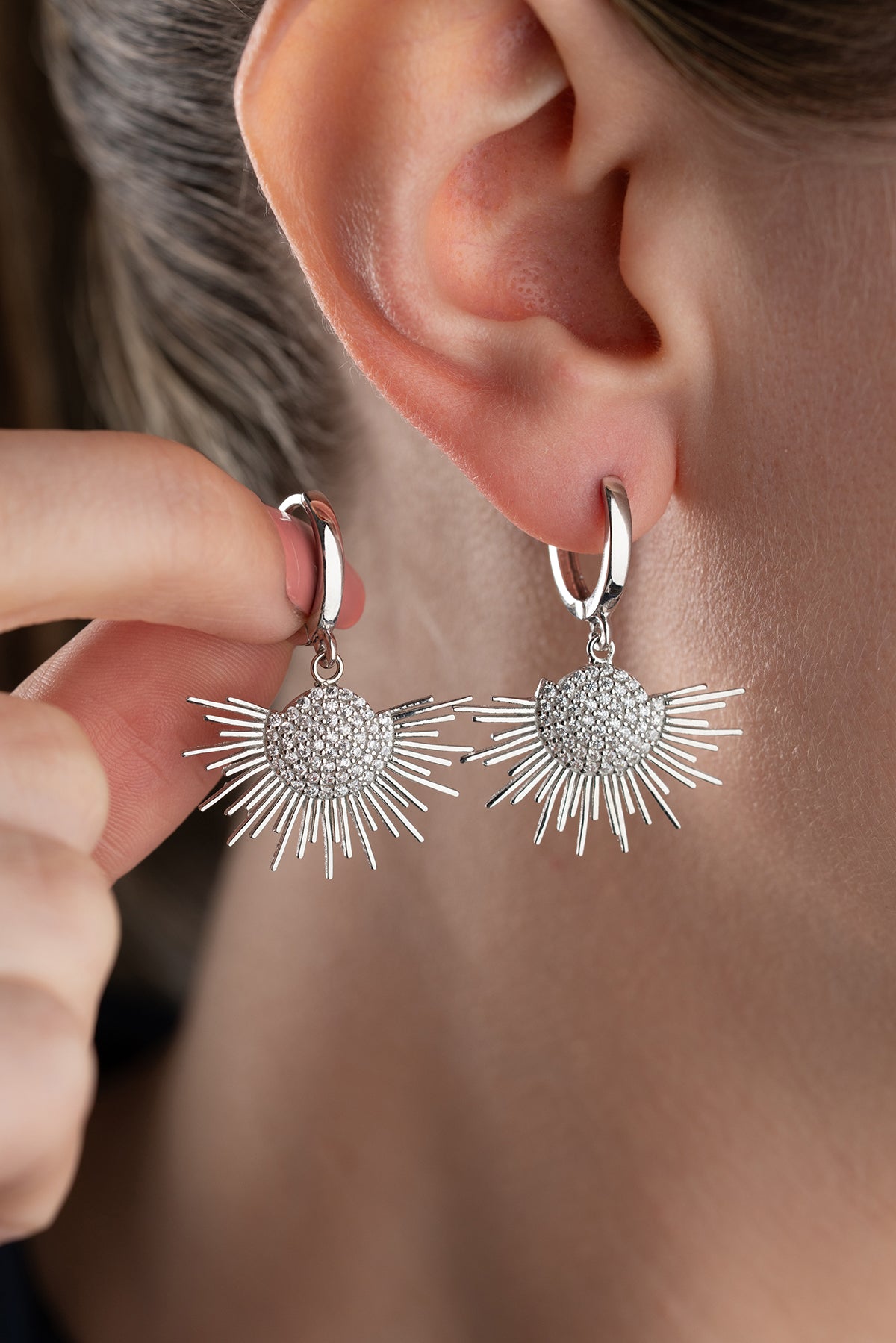 Sunburst Pave Drop Huggie Earrings