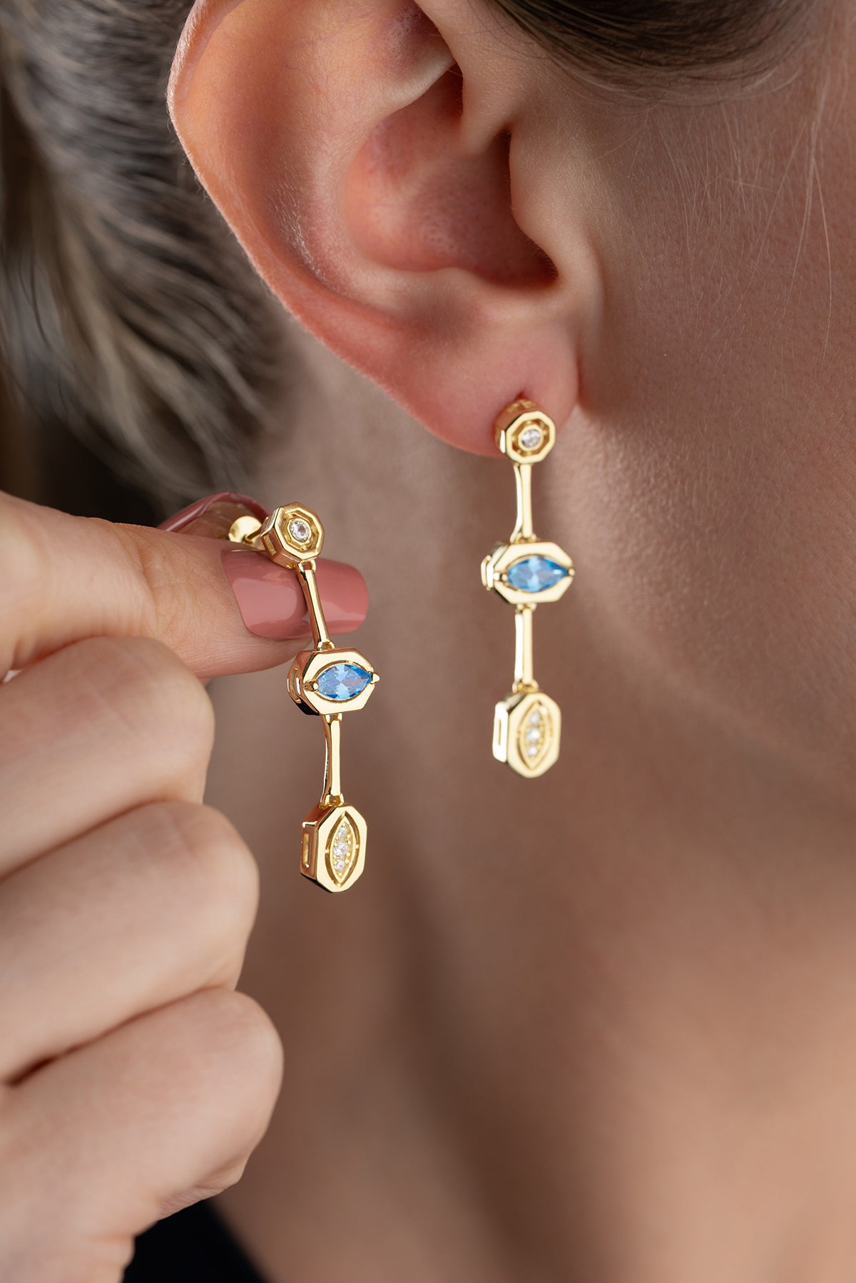 Blue Topaz Art Deco Drop Earrings