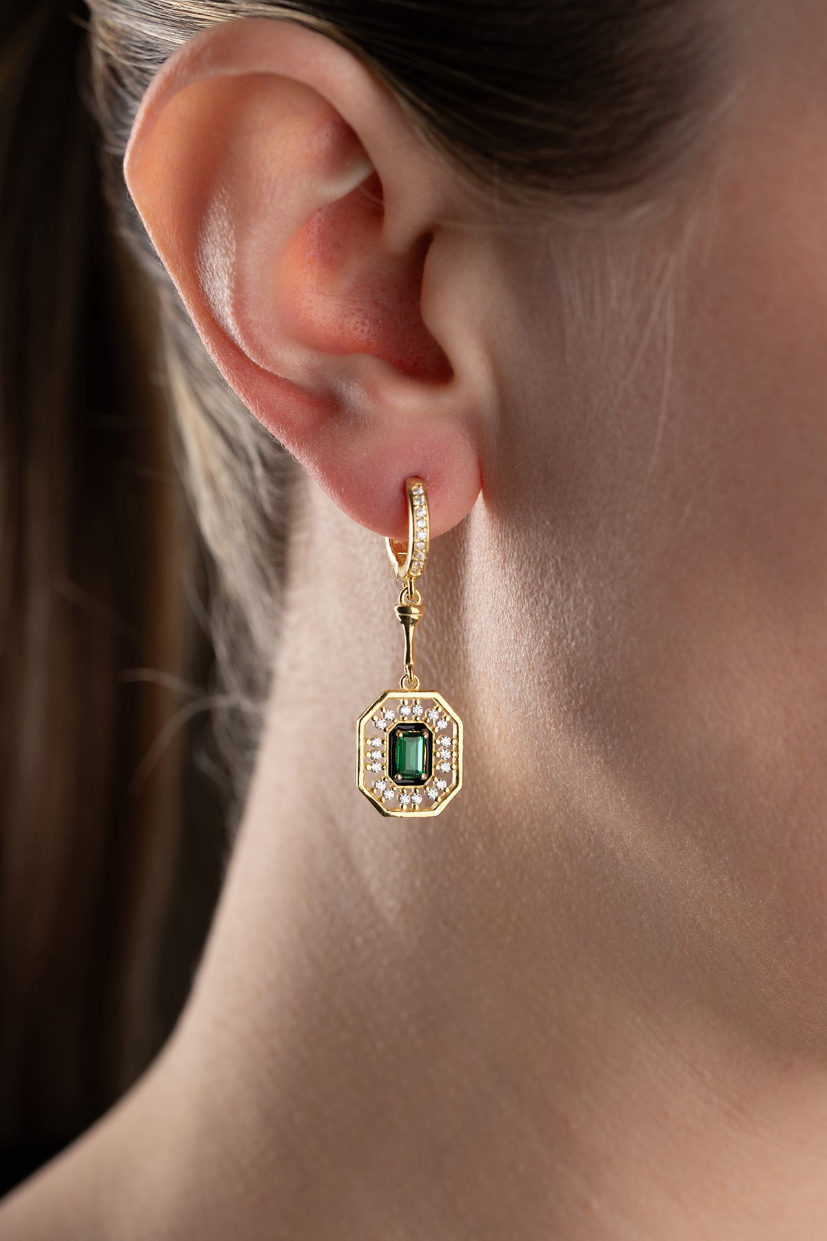 Emerald Cut Halo Drop Earrings