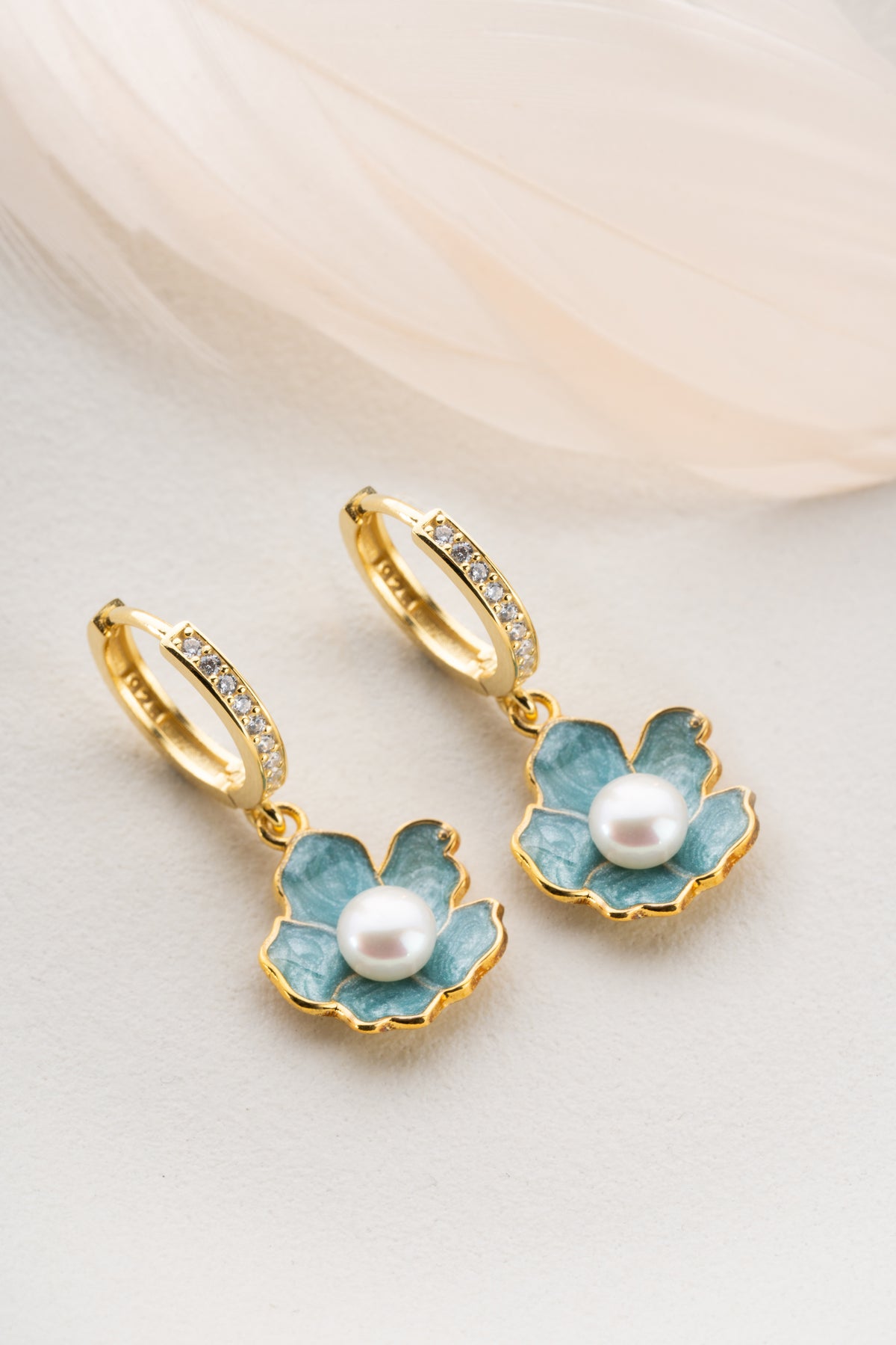 Teal Flower Pearl Drop Earrings
