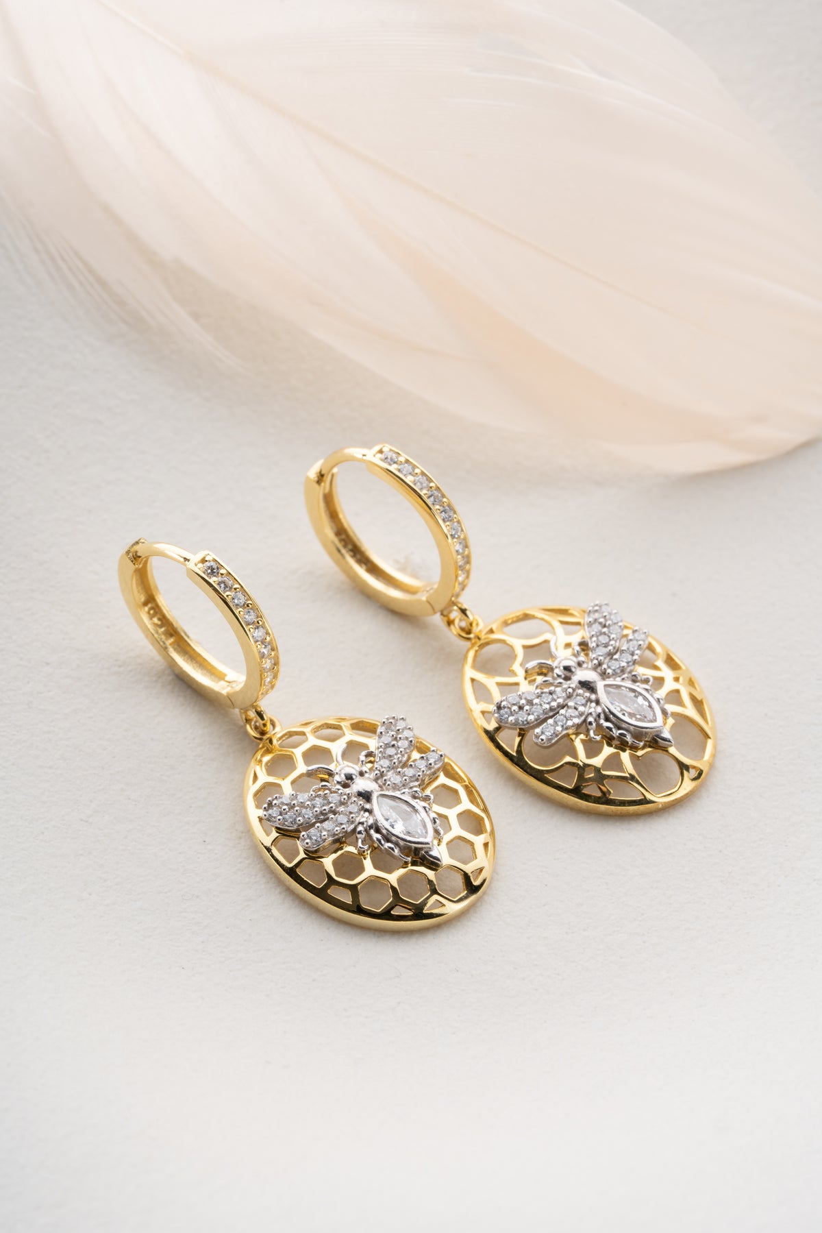 Honeycomb Bee Drop Earrings in Gold