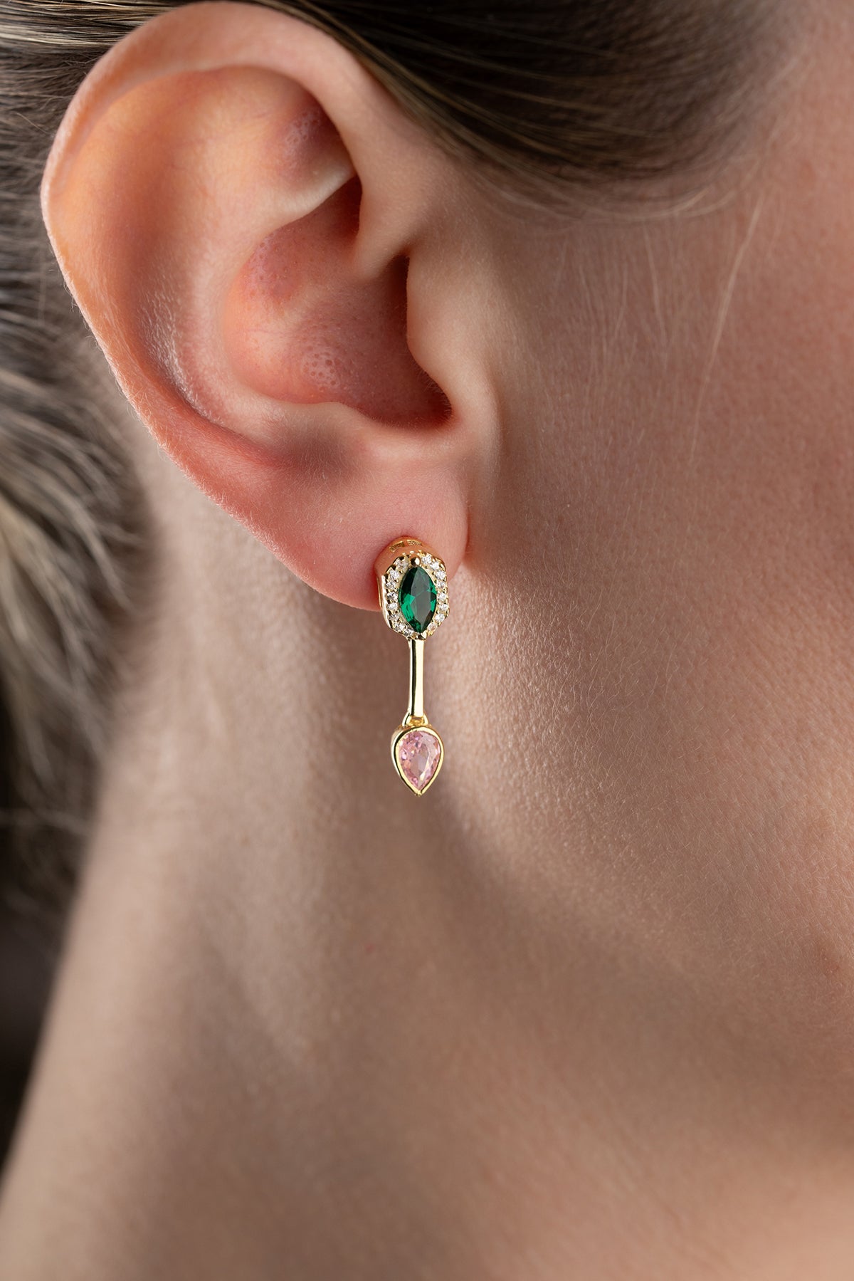 Emerald Green and Pink Crystal Drop Earrings