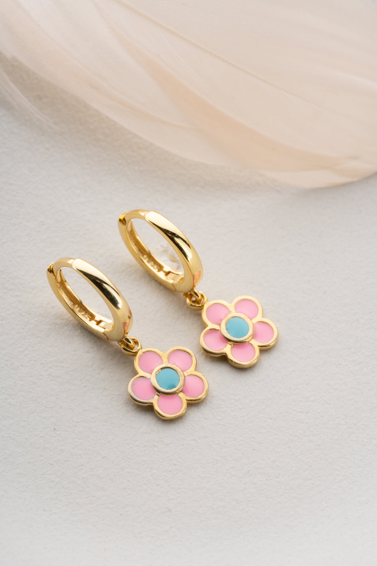 Pink Flower Enamel Huggie Hoop Earrings