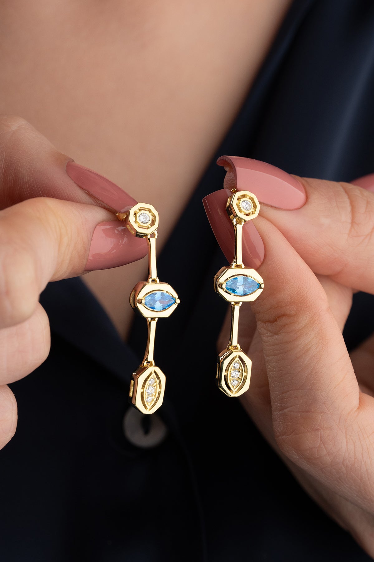 Blue Topaz Art Deco Drop Earrings