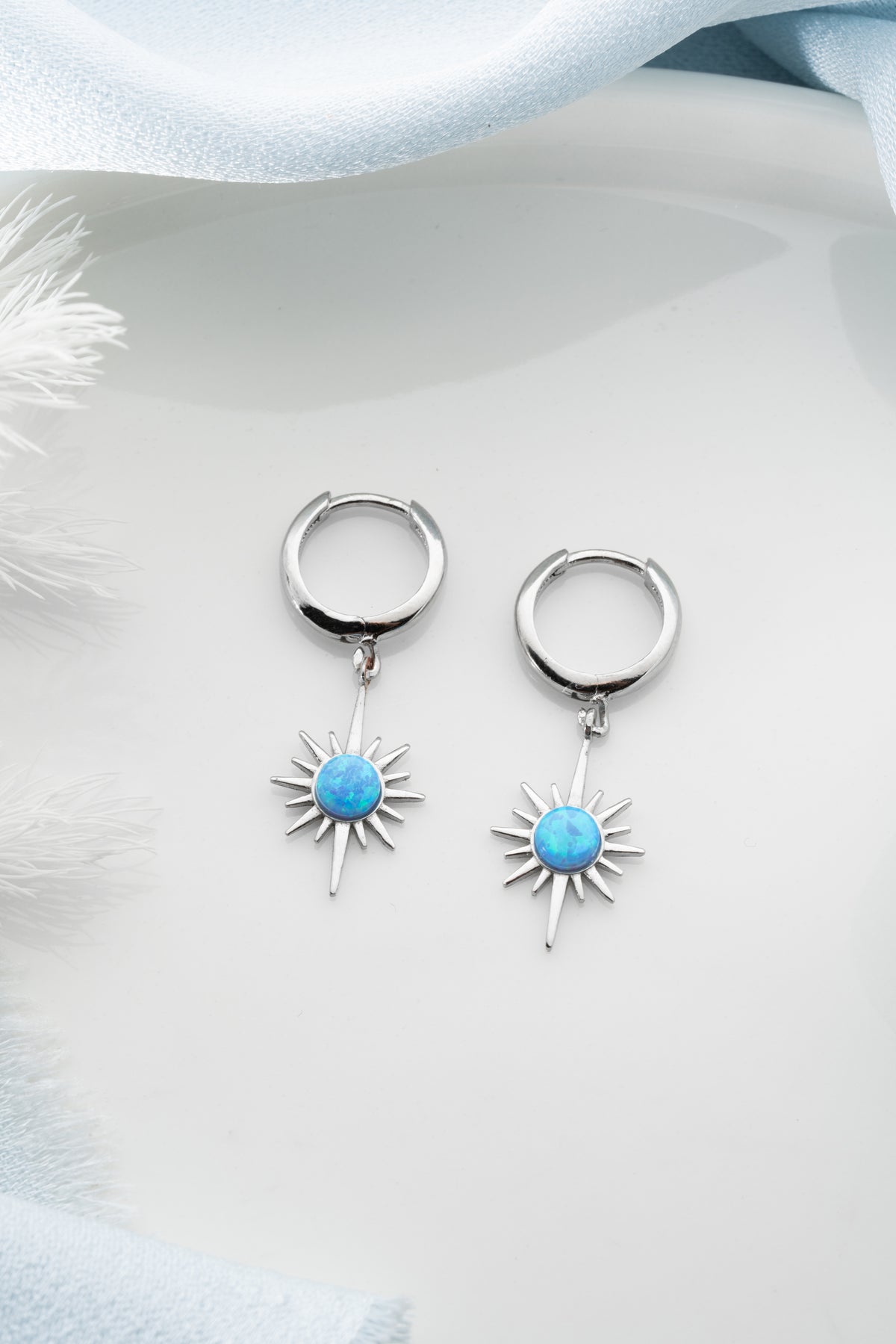 Blue Opal Starburst Huggie Earrings