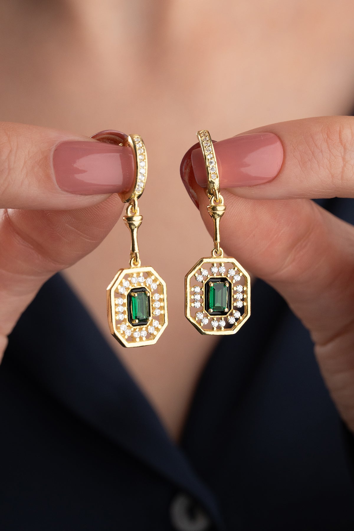 Emerald Cut Halo Drop Earrings