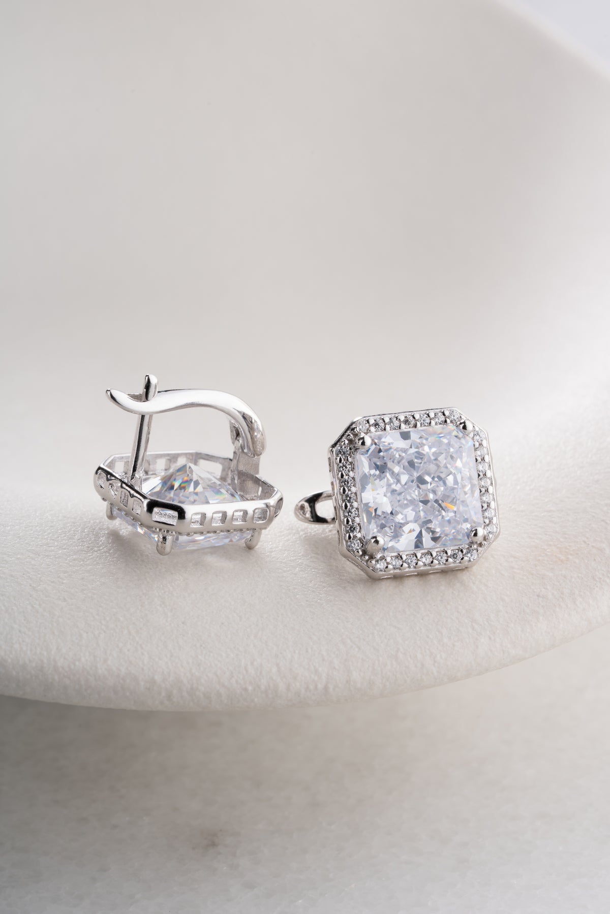 Asscher Cut Halo Drop Earrings in Silver