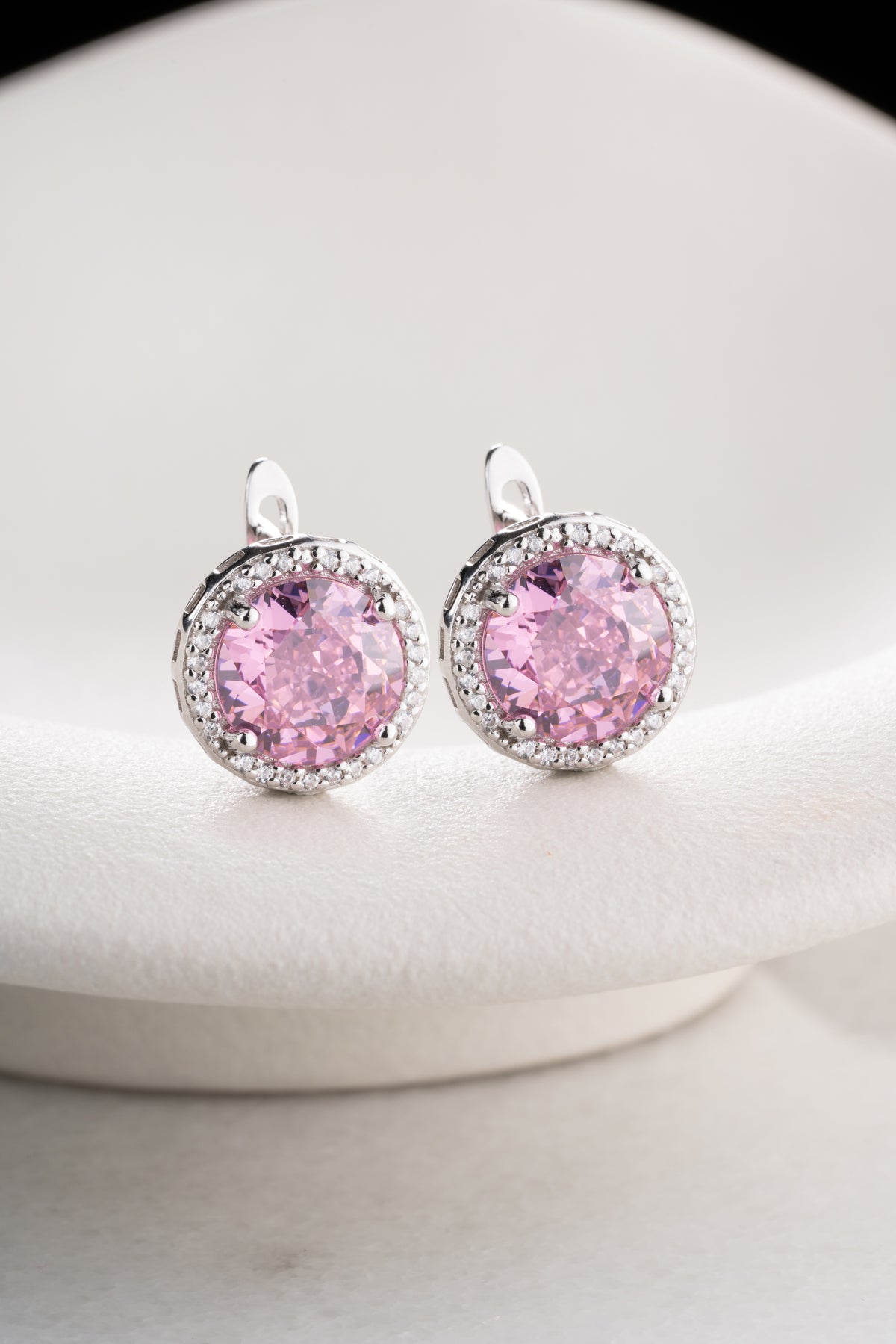 Pink Crystal Halo Earrings in Silver