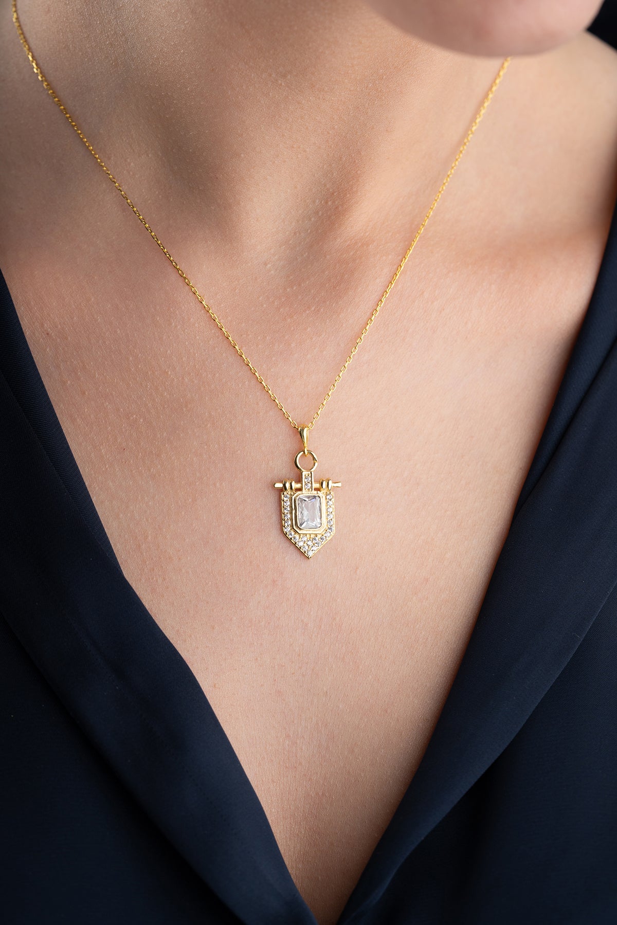 Emerald Cut Shield Pendant Necklace