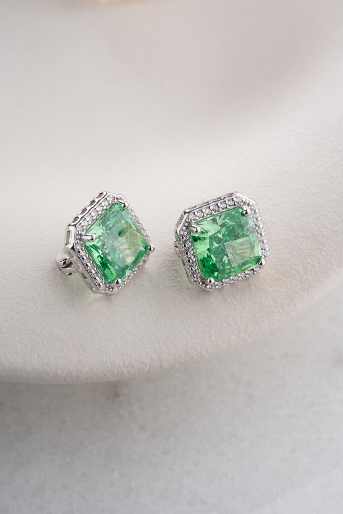 Emerald Green Square Halo Stud Earrings