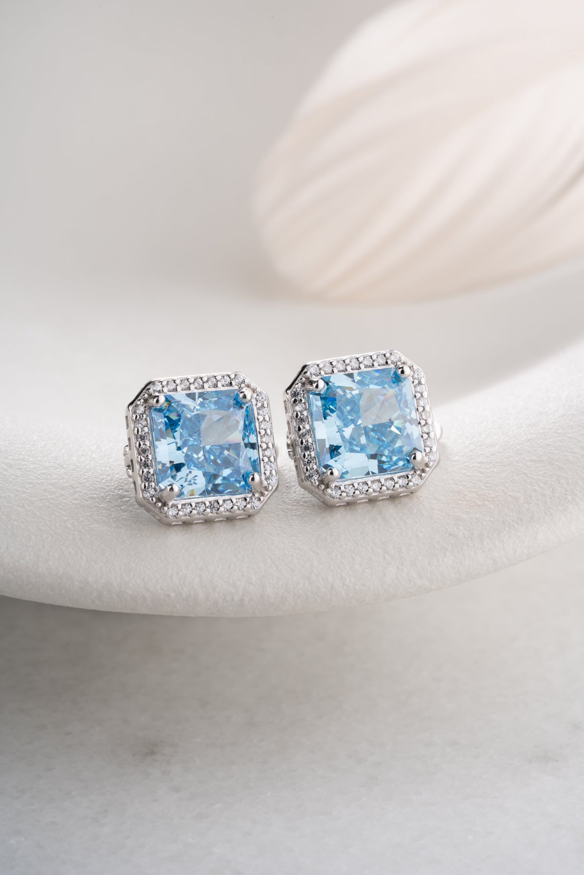Aquamarine Blue Square Halo Stud Earrings