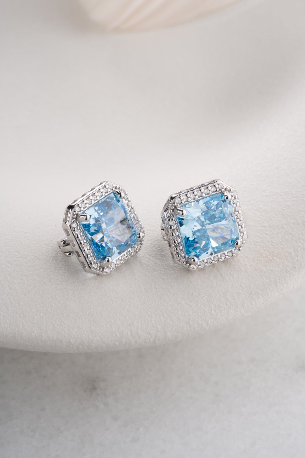 Aquamarine Blue Square Halo Stud Earrings