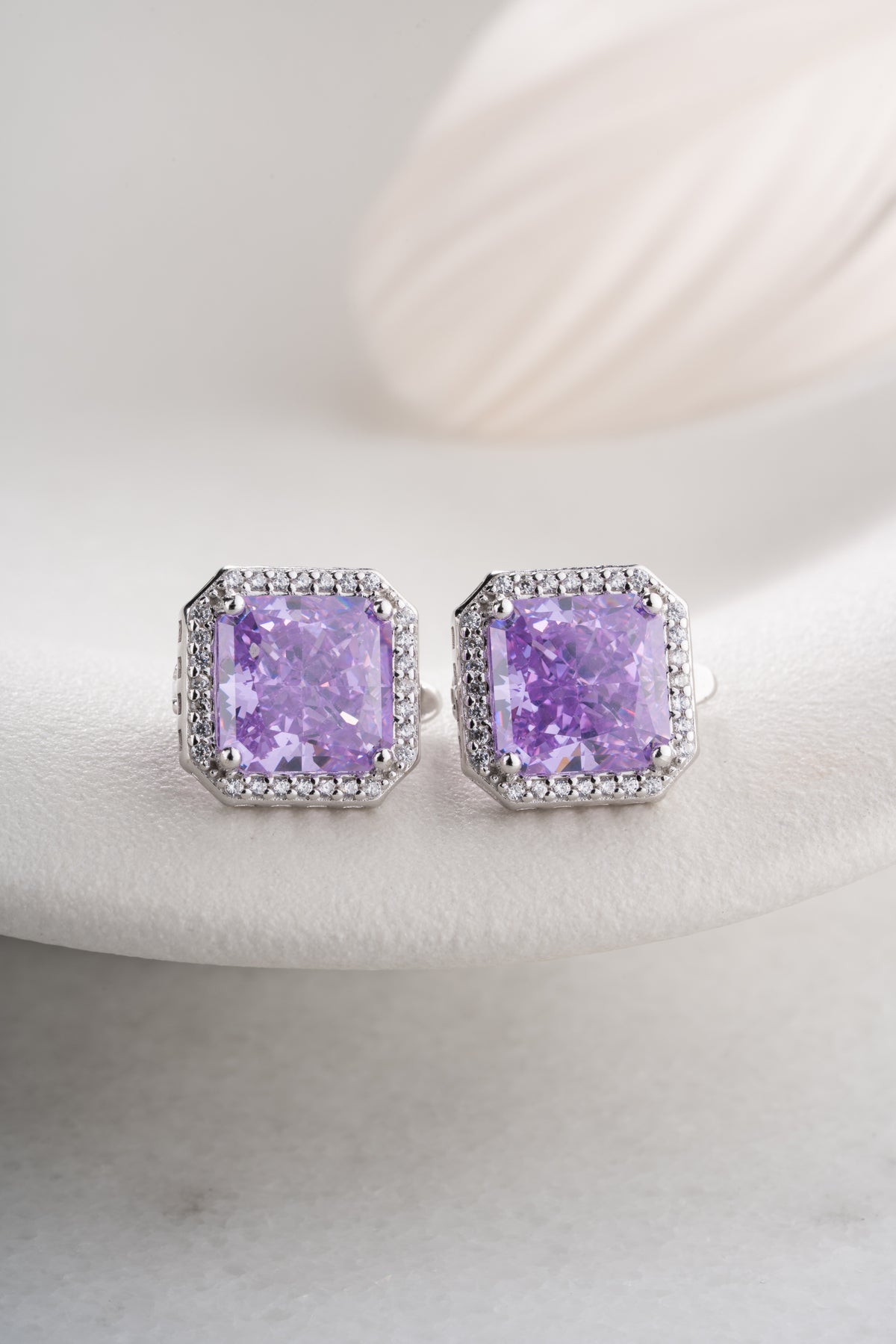 Amethyst Square Halo Stud Earrings