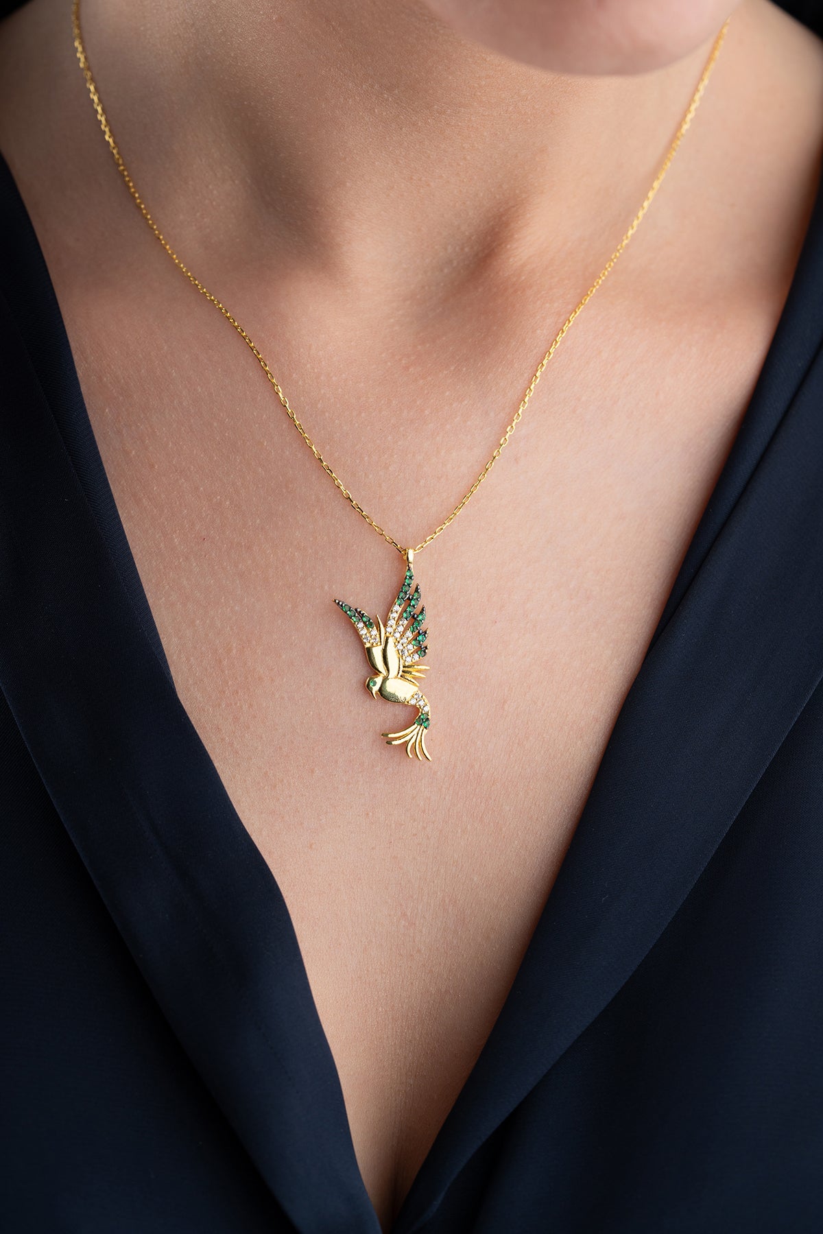 Gold Bird in Flight Pendant Necklace