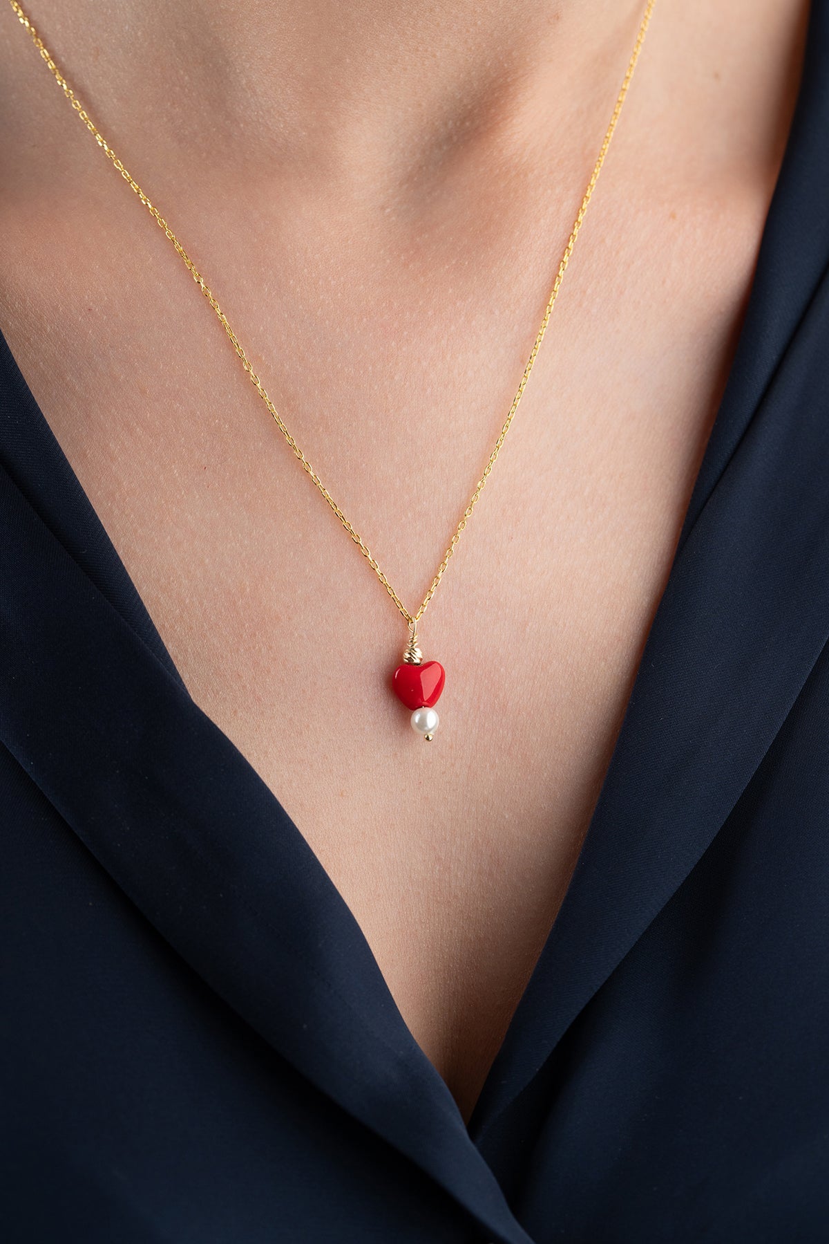Red Heart and Pearl Charm Necklace