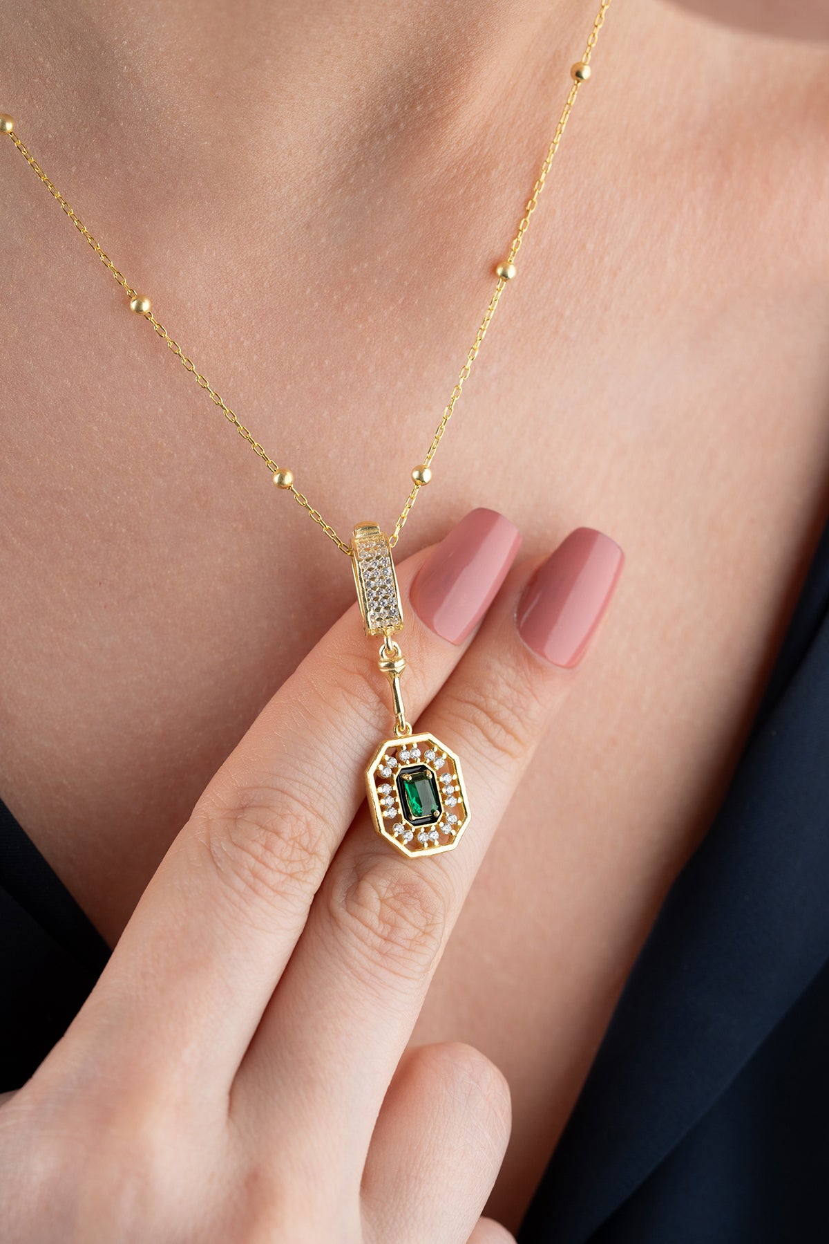 Gold Emerald Cut Halo Necklace