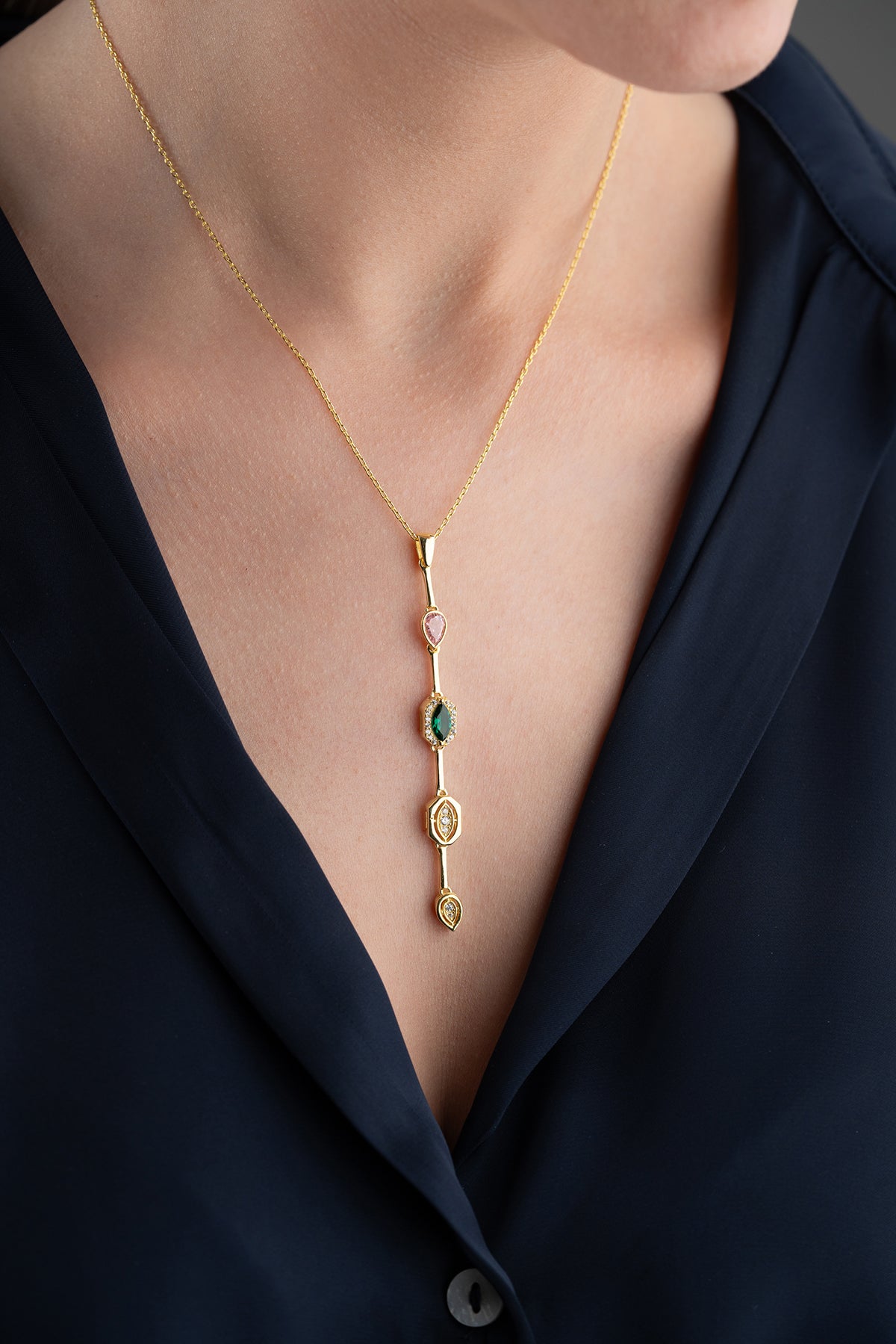Emerald and Pink Cascade Drop Necklace