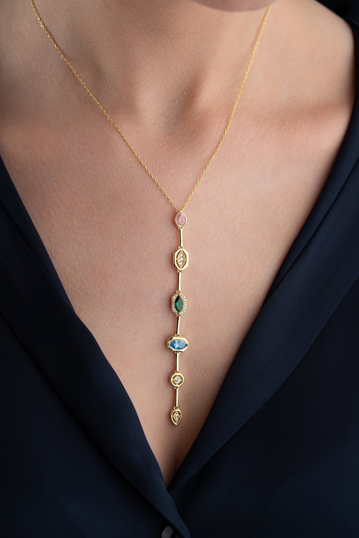 Multi Gemstone Vertical Drop Necklace