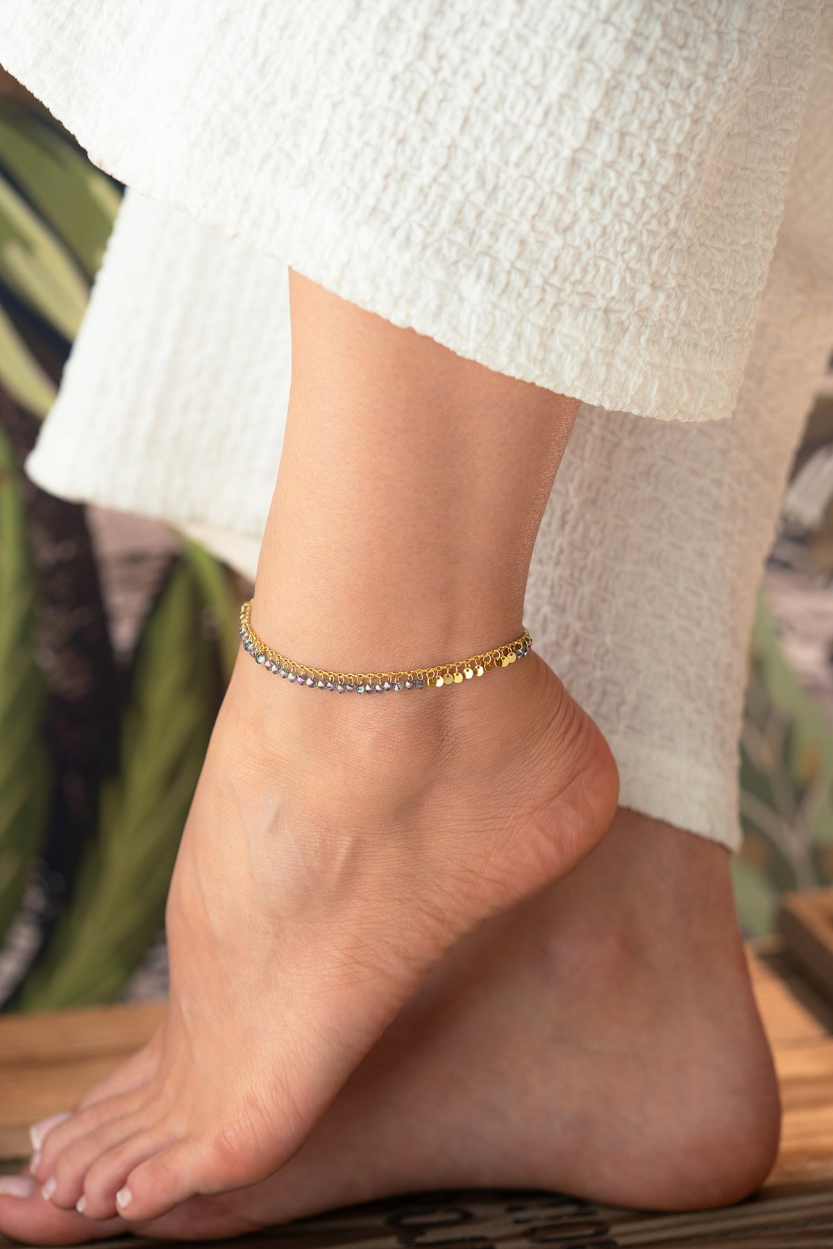 Iridescent Crystal Fringe Anklet in Gold