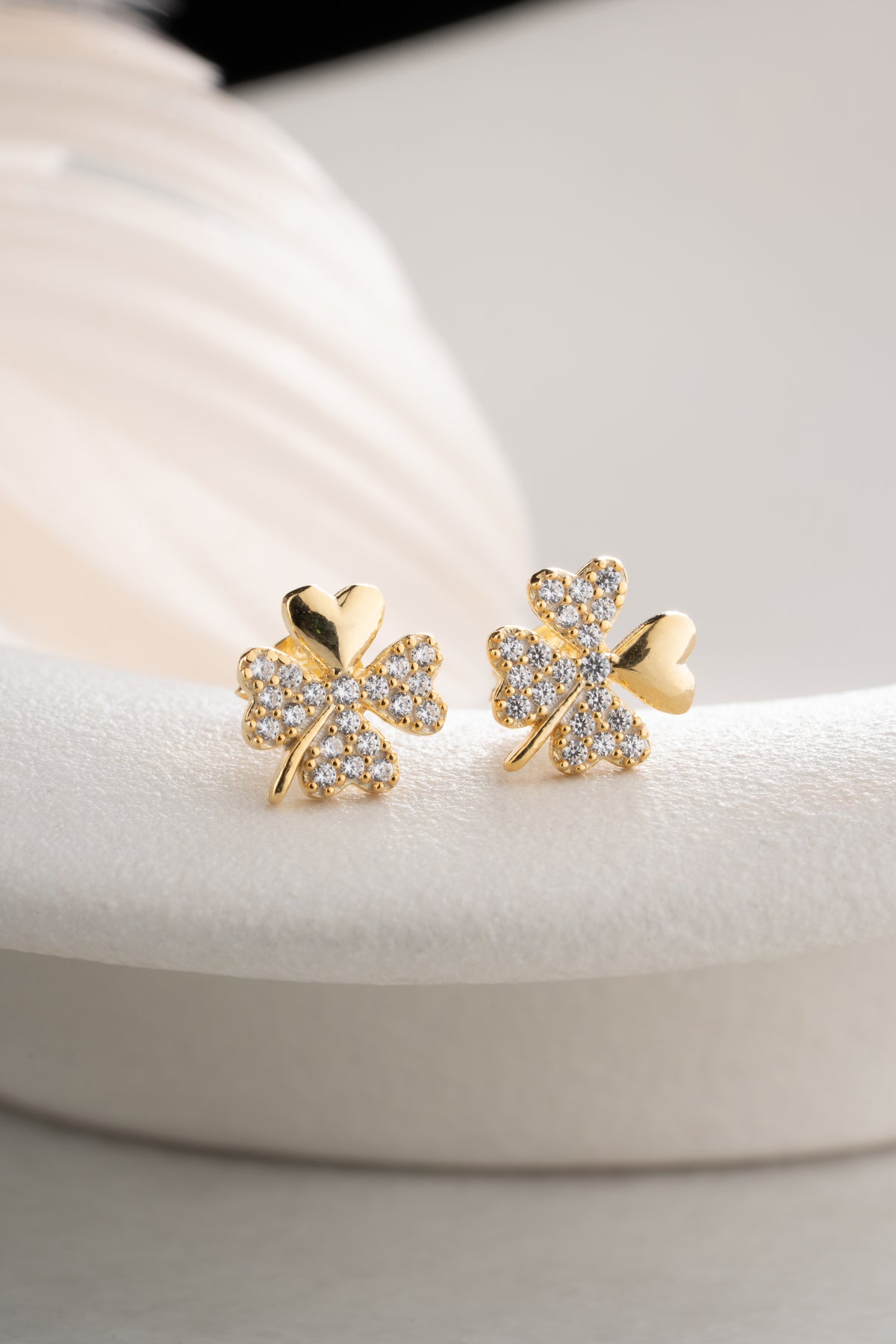 Pave Four Leaf Clover Heart Stud Earrings