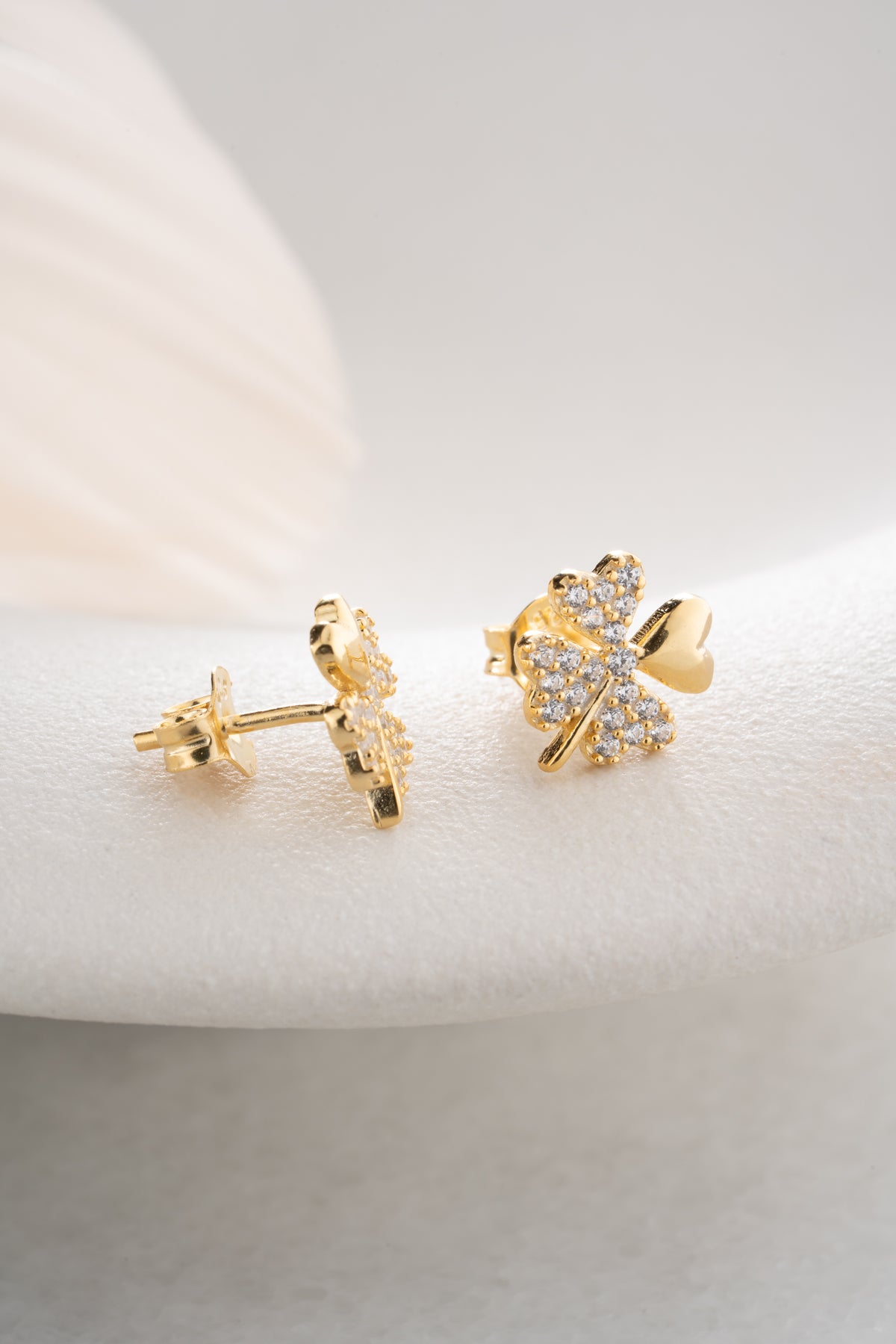 Pave Four Leaf Clover Heart Stud Earrings