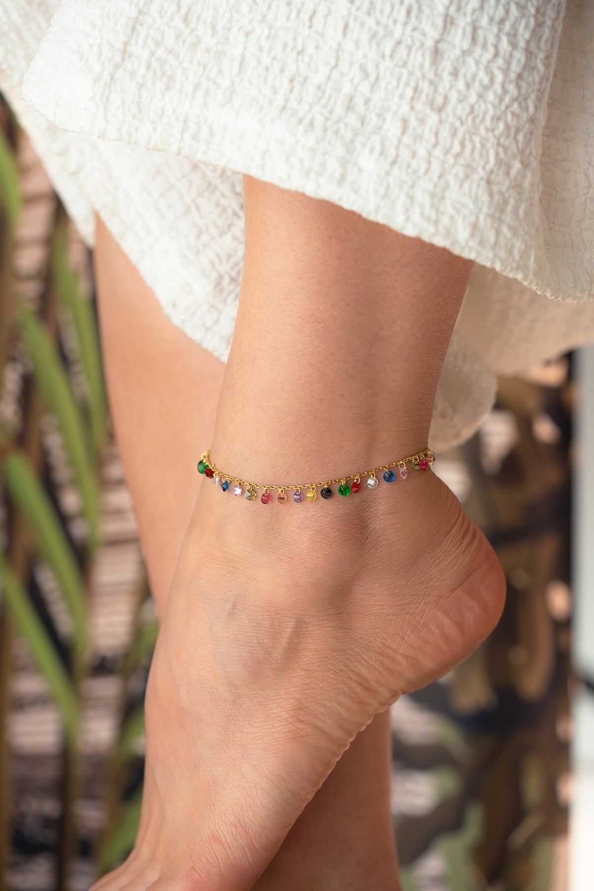 Rainbow Crystal Dangle Anklet in Gold