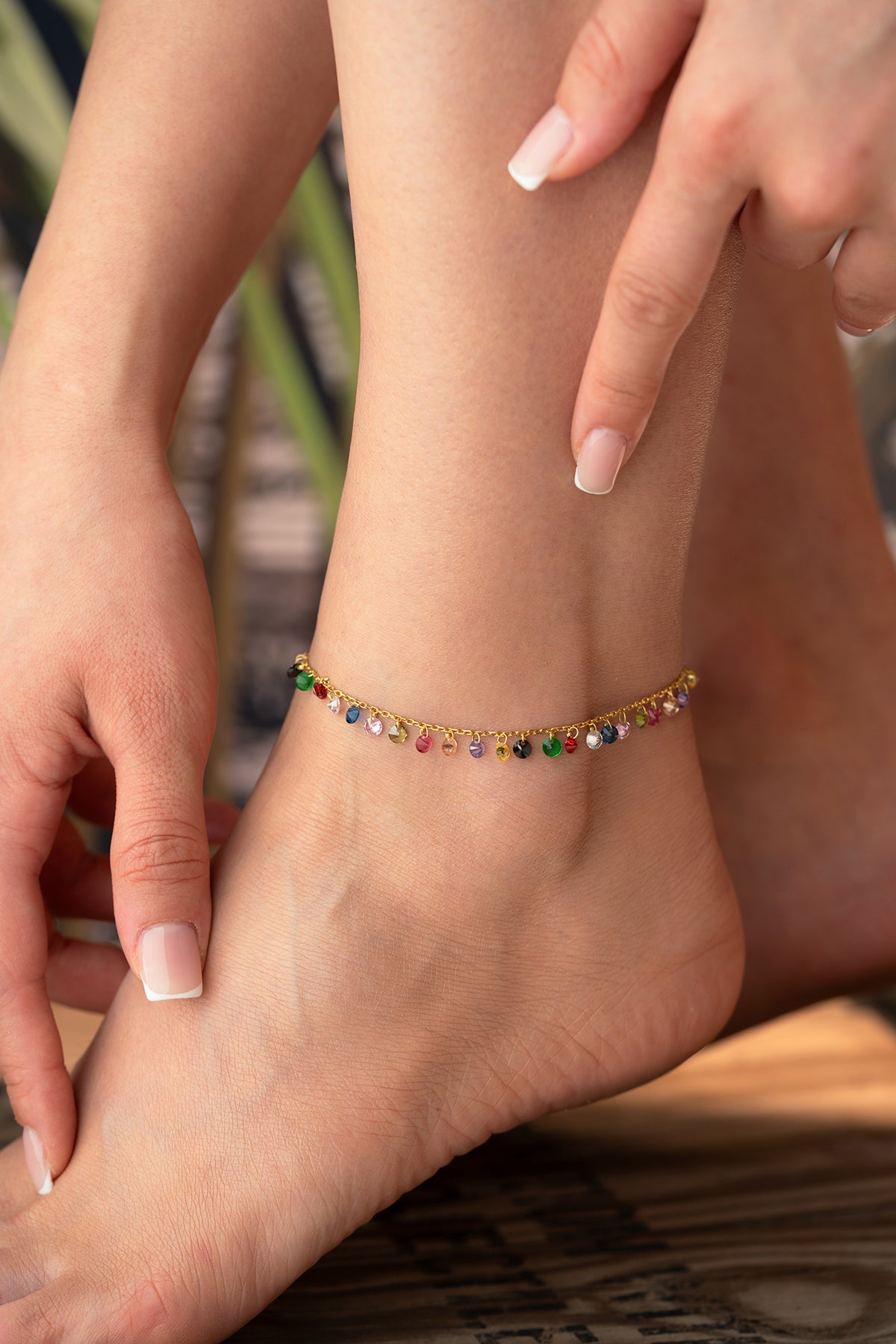 Rainbow Crystal Dangle Anklet in Gold