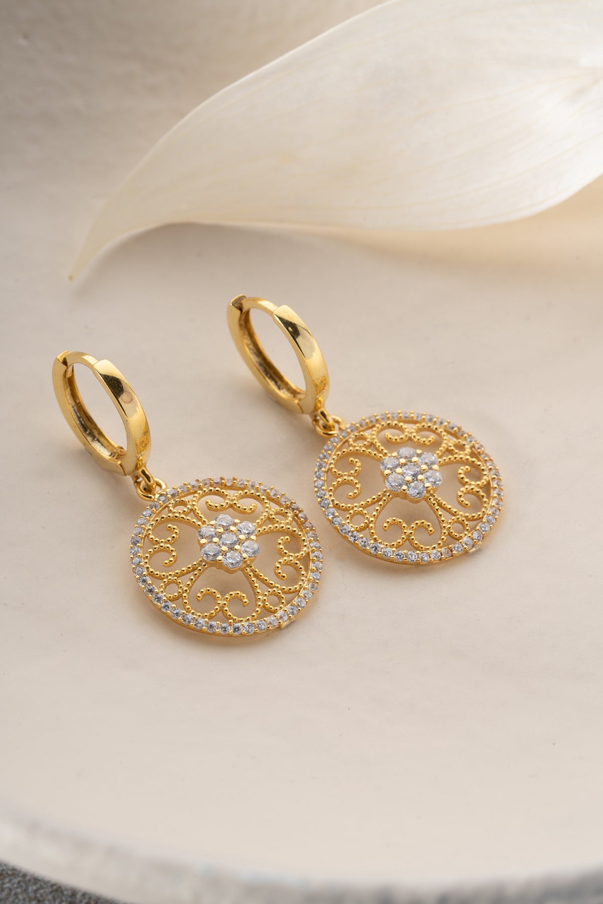 Gold Filigree Medallion Drop Earrings