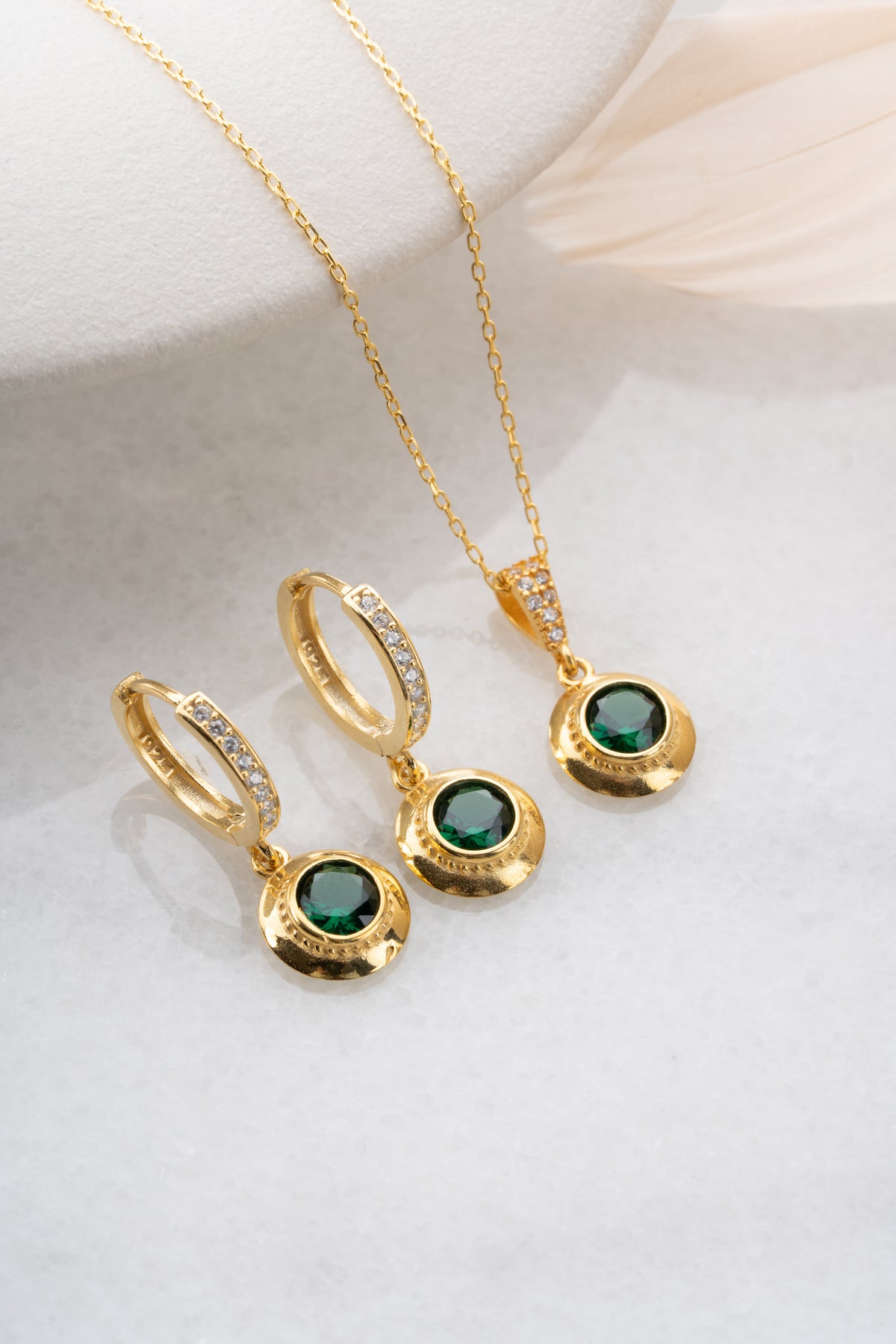 Emerald Green Halo Necklace and Earring Set