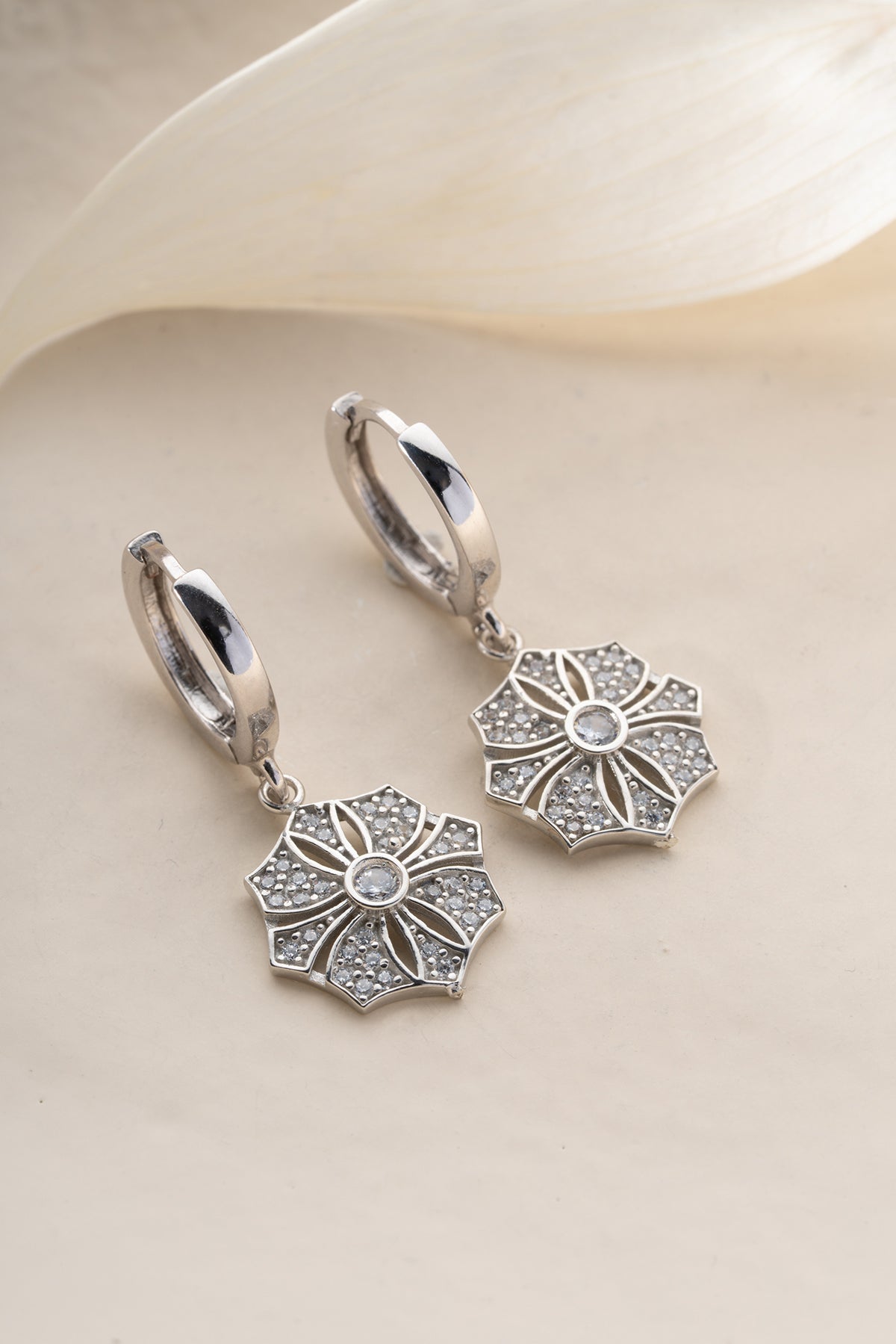 Pave Flower Medallion Drop Earrings