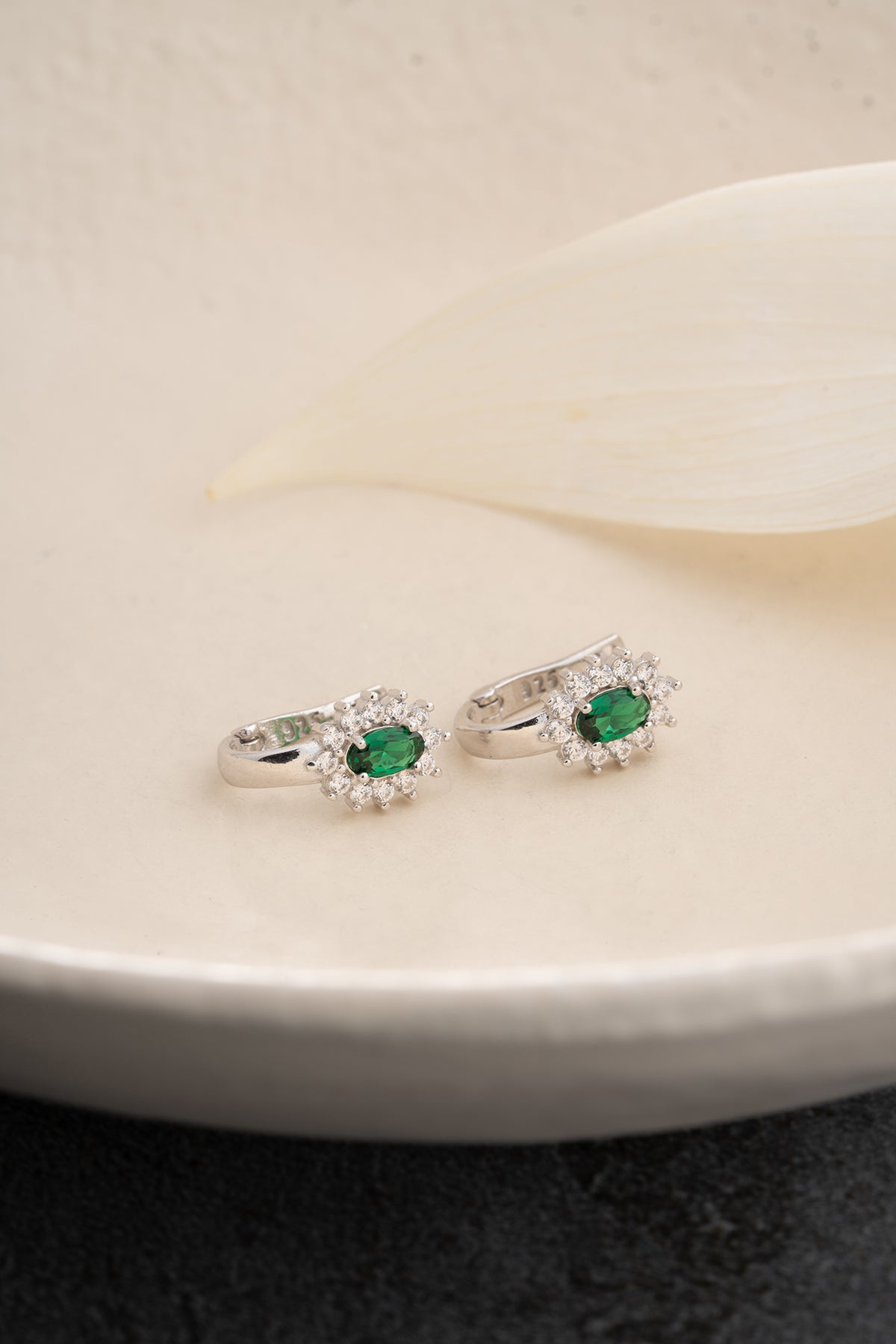 Emerald Oval Halo Huggie Earrings