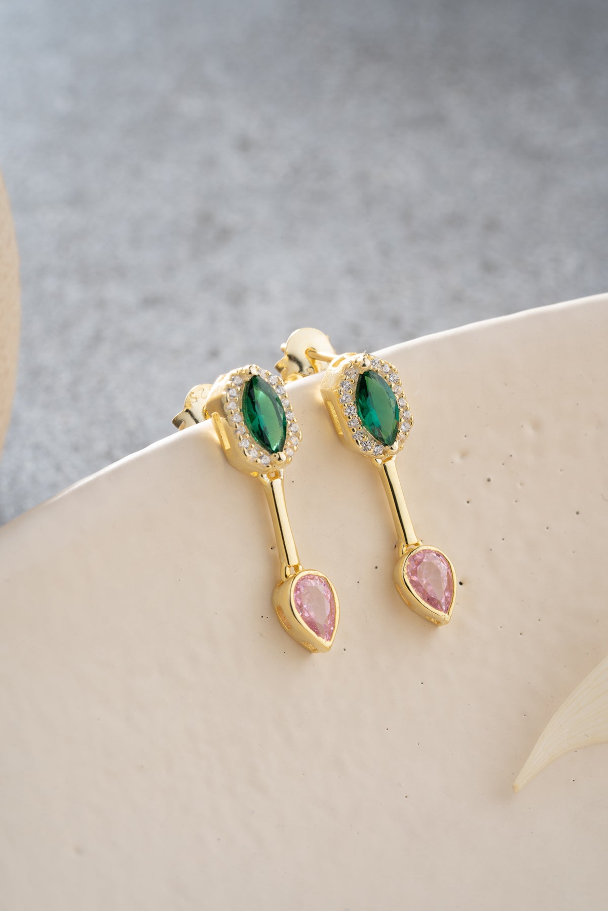 Emerald Green and Pink Crystal Drop Earrings