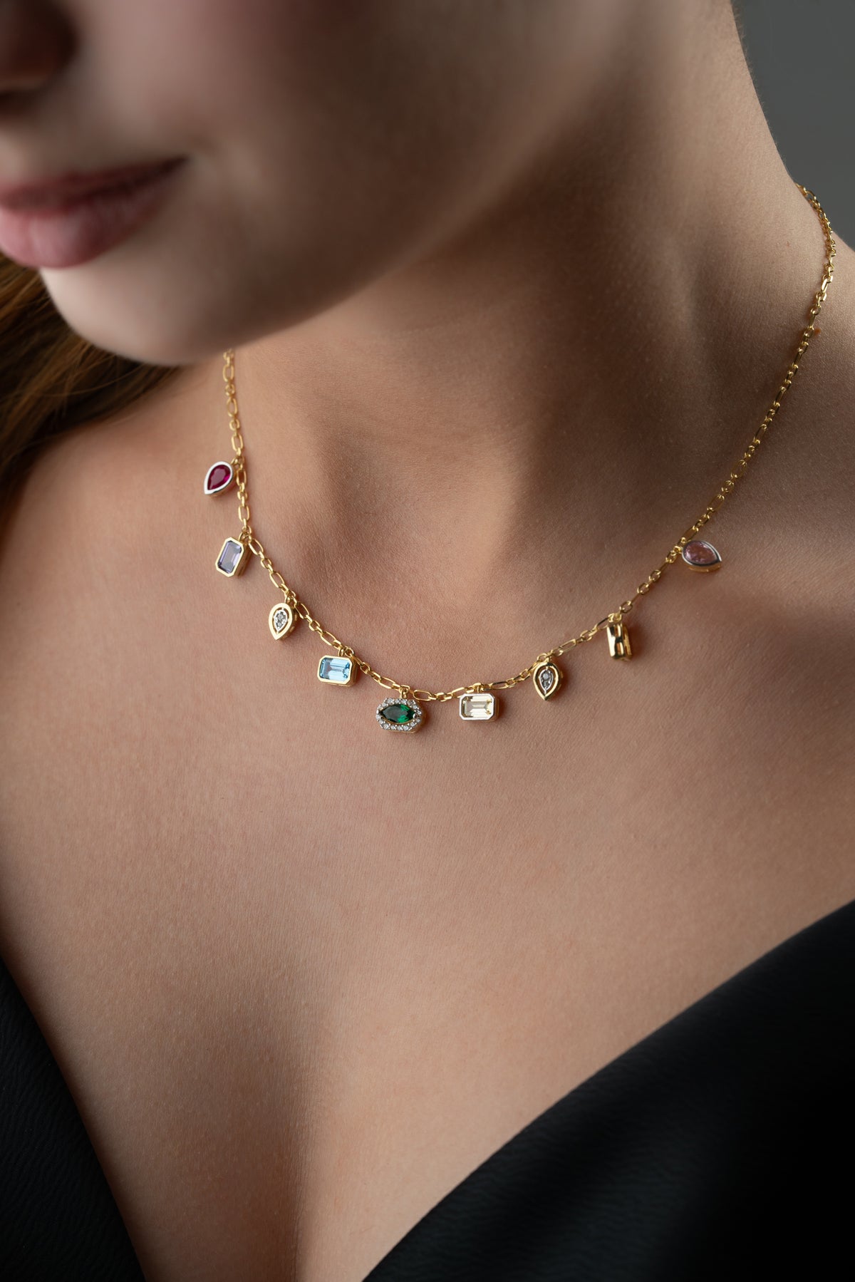 Multicolor Gemstone Charm Necklace in Gold