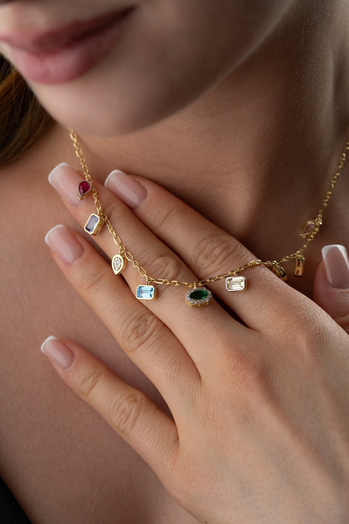 Multicolor Gemstone Charm Necklace in Gold